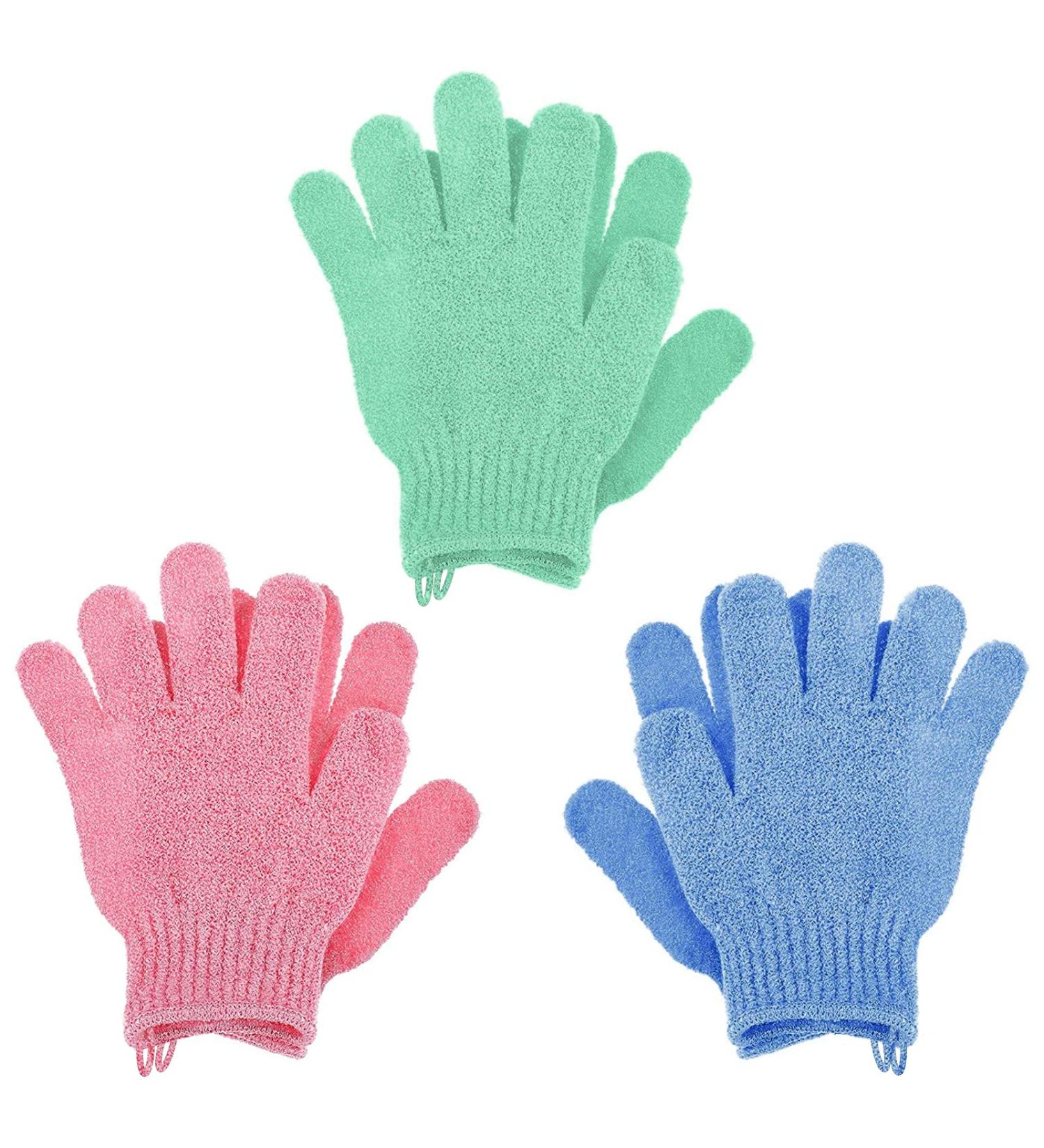 Sibba 3 Pairs Bath Exfoliating Gloves - Body Scrub Shower Scrubber Set with Hooks - Spa Loofah Shower Glove for Men and Women (Green, Blue, Pink) - Buy Online on GoSupps.com