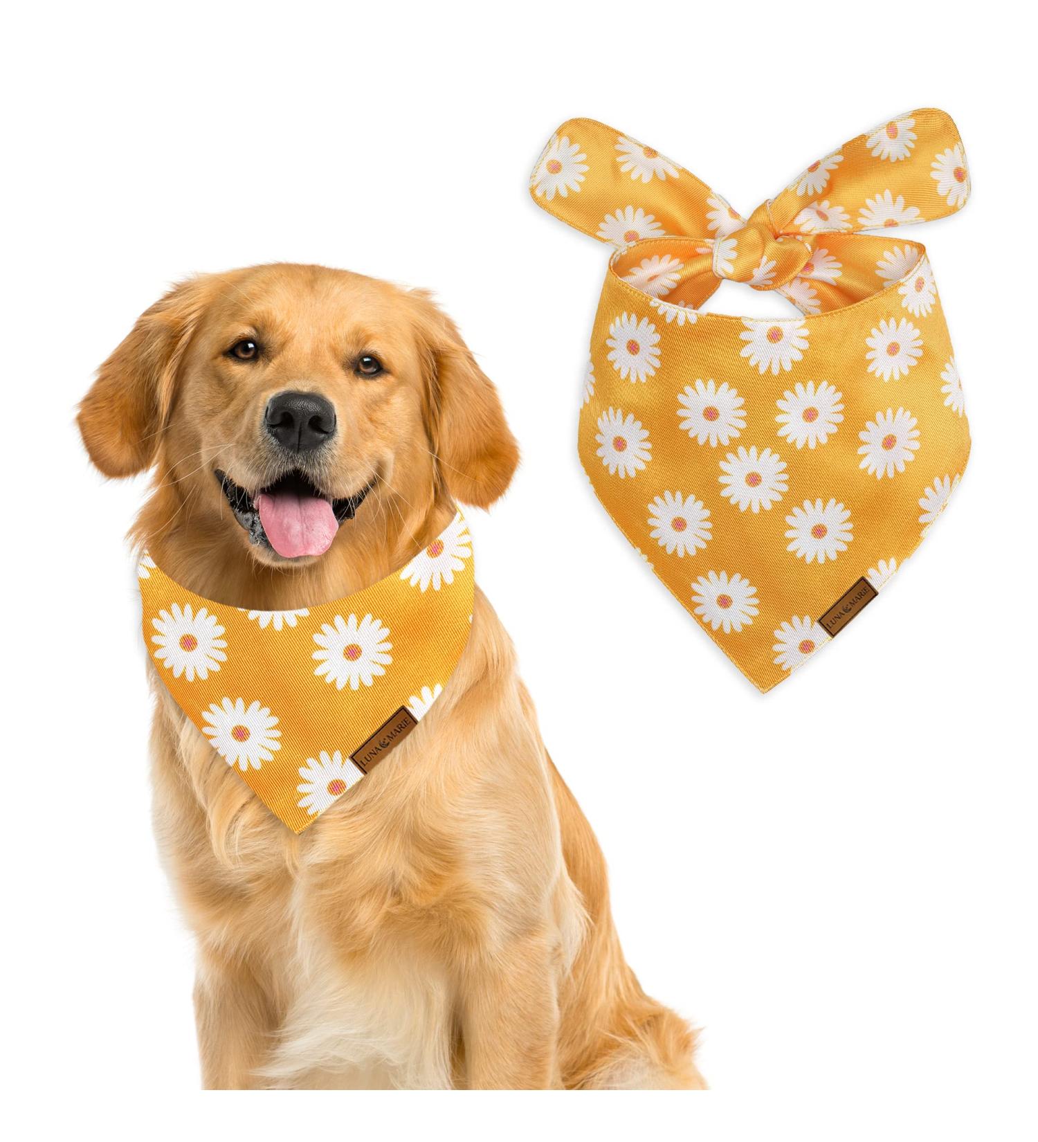 LunaMarie Plush Smooth Dog Bandana | Durable Polyester Pet Neckerchief for Small, Medium, Large Breed Dogs | Breathable and Stylish Accessory for Pets | Dual Layered Bandana for Dogs and Cats - Daisies Design - Buy Online on GoSupps.com