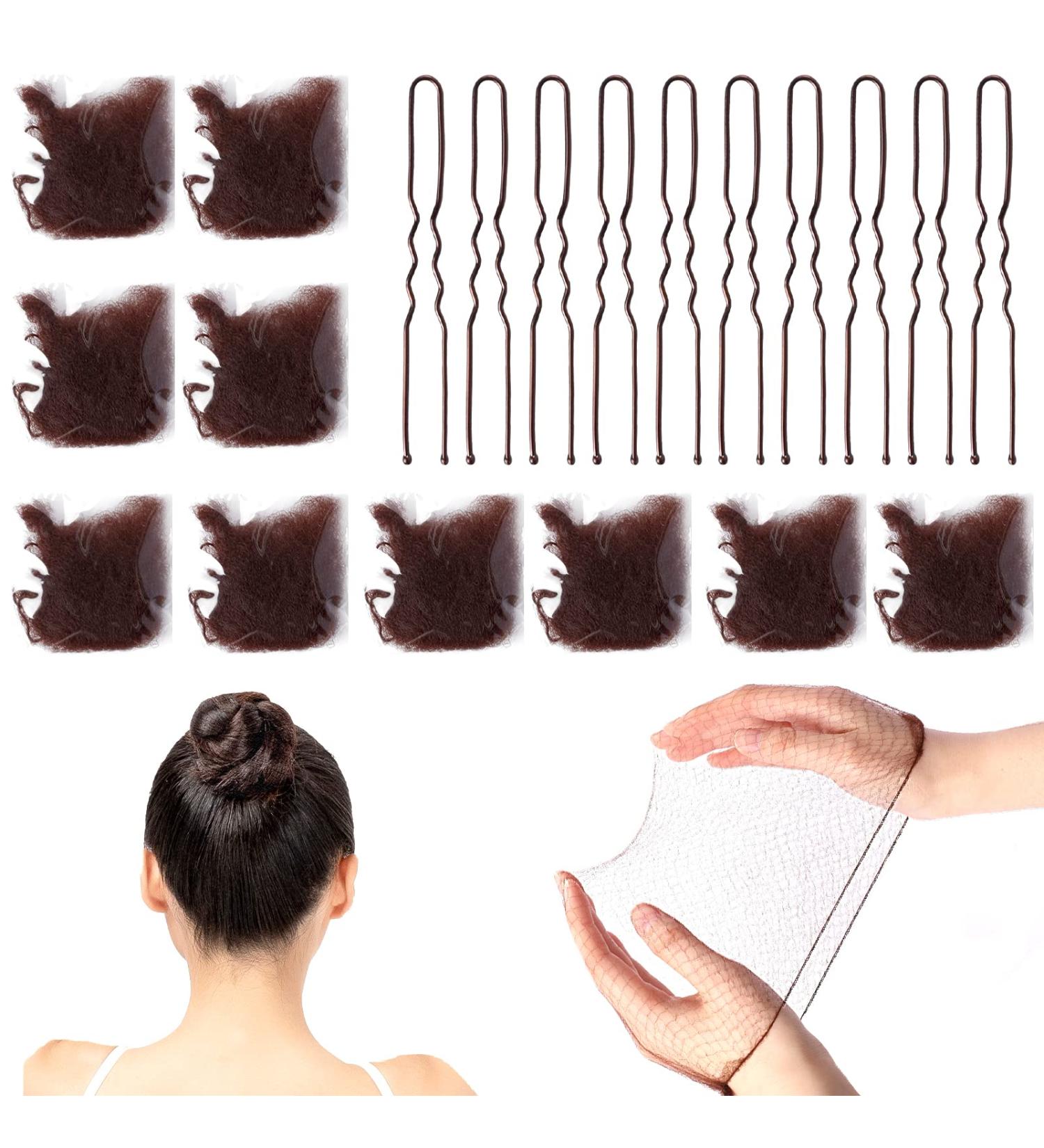 Elastic Brown Hair Bun Nets Set with U Shaped Pins - 20Pcs | Invisible Mesh Hair Nets for Buns - Ideal for Girls and Women - Buy Online on GoSupps.com