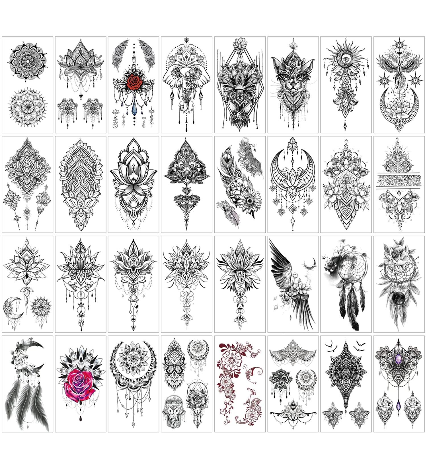 32-Sheet Women Temporary Tattoo Sticker Set - Henna Feather, Mandala, Datura Flowers Designs - Buy Online on GoSupps.com