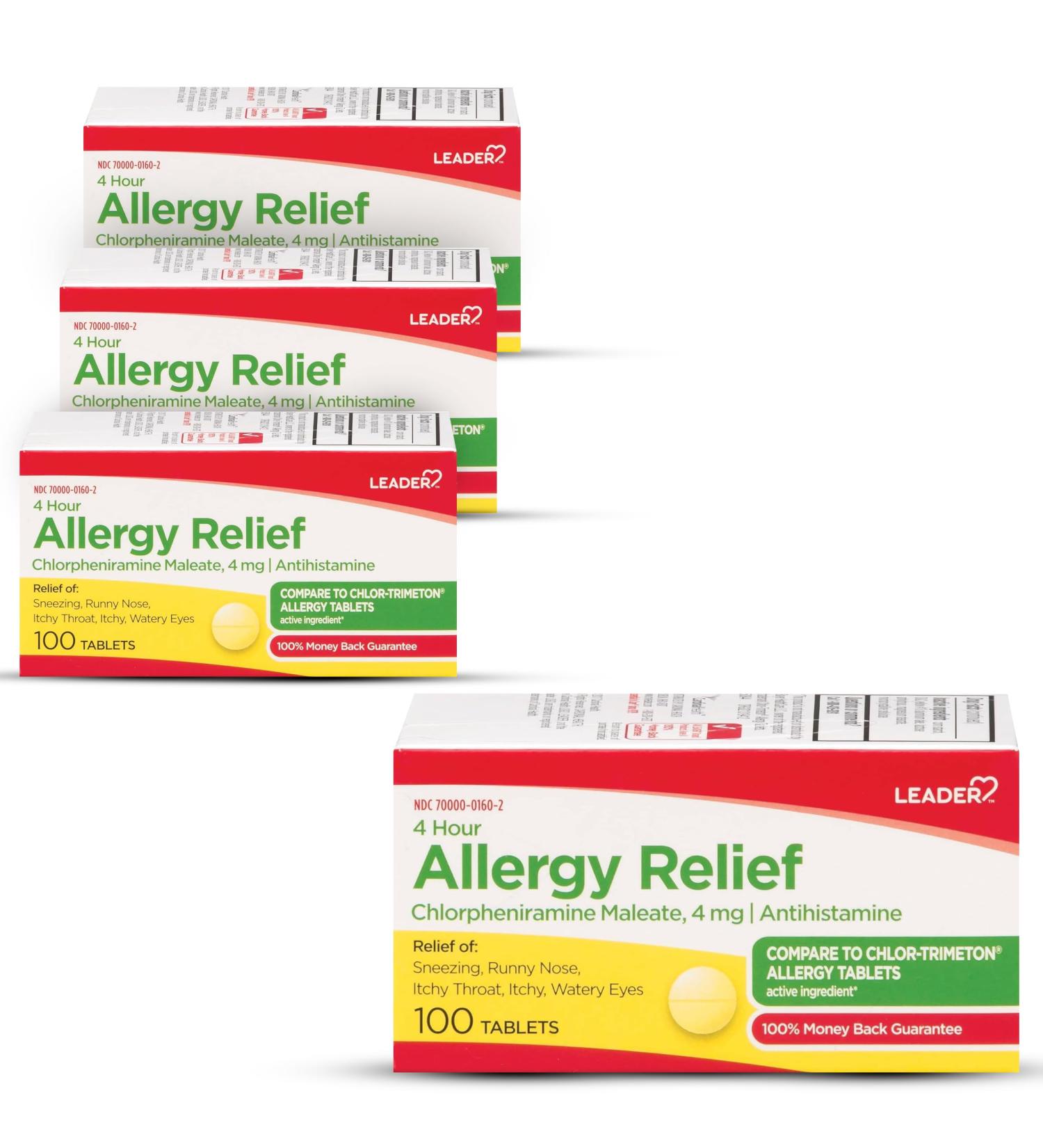 Leader 4 Hour Allergy Relief Chlorpheniramine Maleate Tablets Antihistamine 4 mg 100 Count Pack of 3 - Buy Online on GoSupps.com