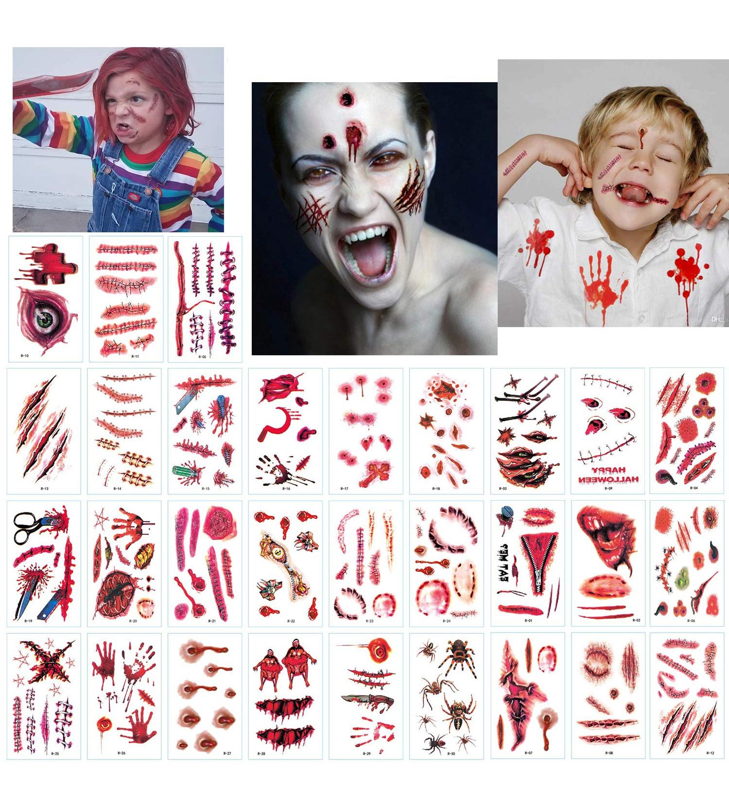 Temporary Halloween Scar Tattoos - 30 Sheets Fake Wounds Stickers for Halloween and Zombie Costumes - Buy Online on GoSupps.com