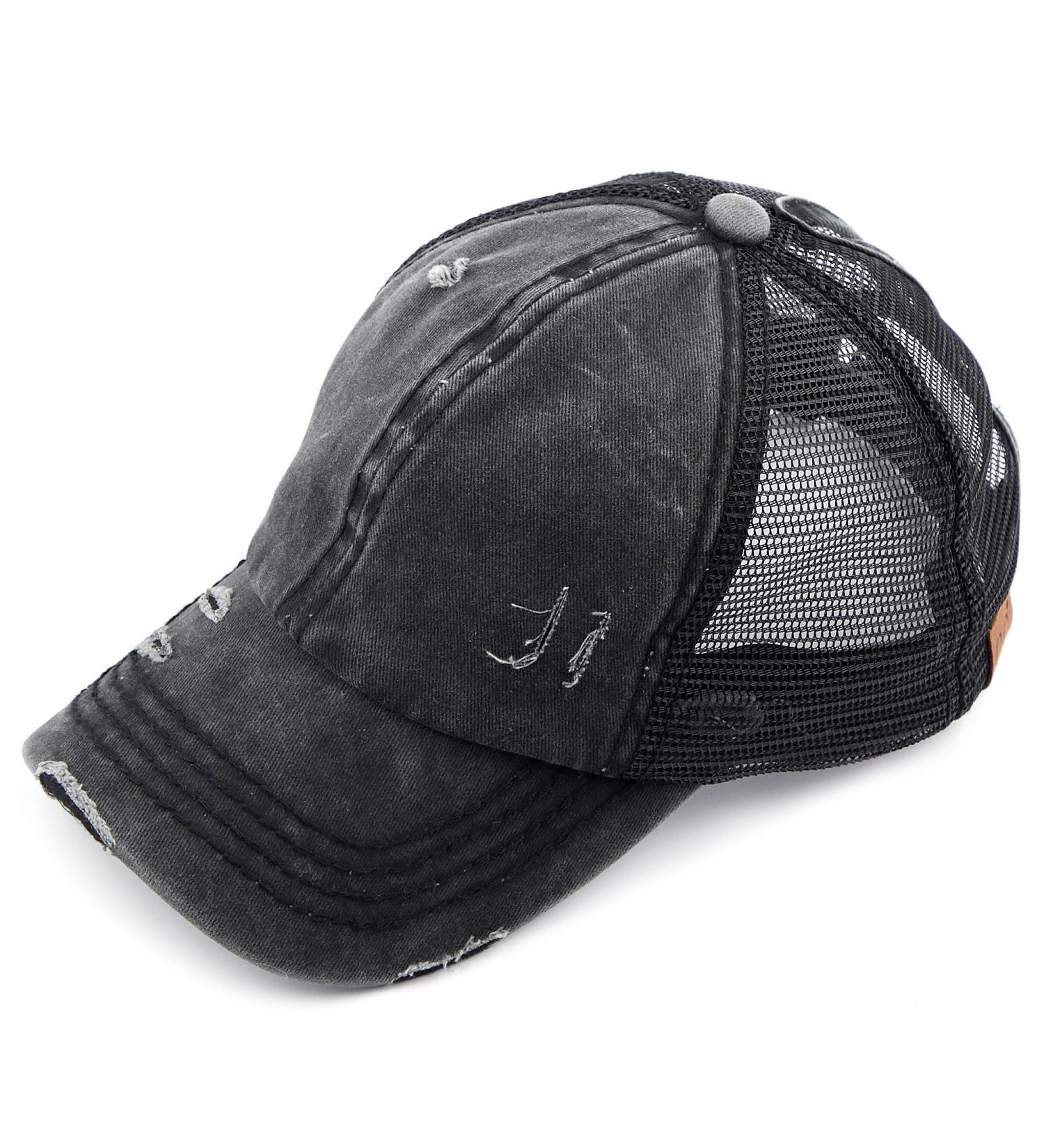 C.C Washed Distressed Cotton Denim Adjustable Ponytail Baseball Cap in Black - Buy Online on GoSupps.com
