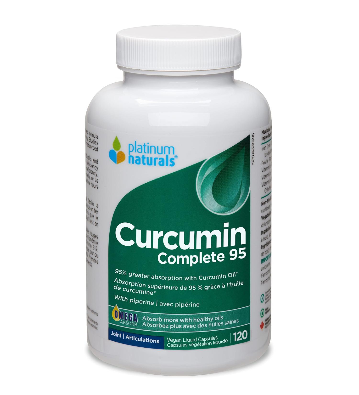 Platinum Naturals Curcumin Complete 95-120 High Absorption Vegan Liquid Capsules 250mg Turmeric Derived Supplement - Enhanced Joint Comfort & Mobility Potent Antioxidant for Brain & Skin Support 120 count (Pack of 1)