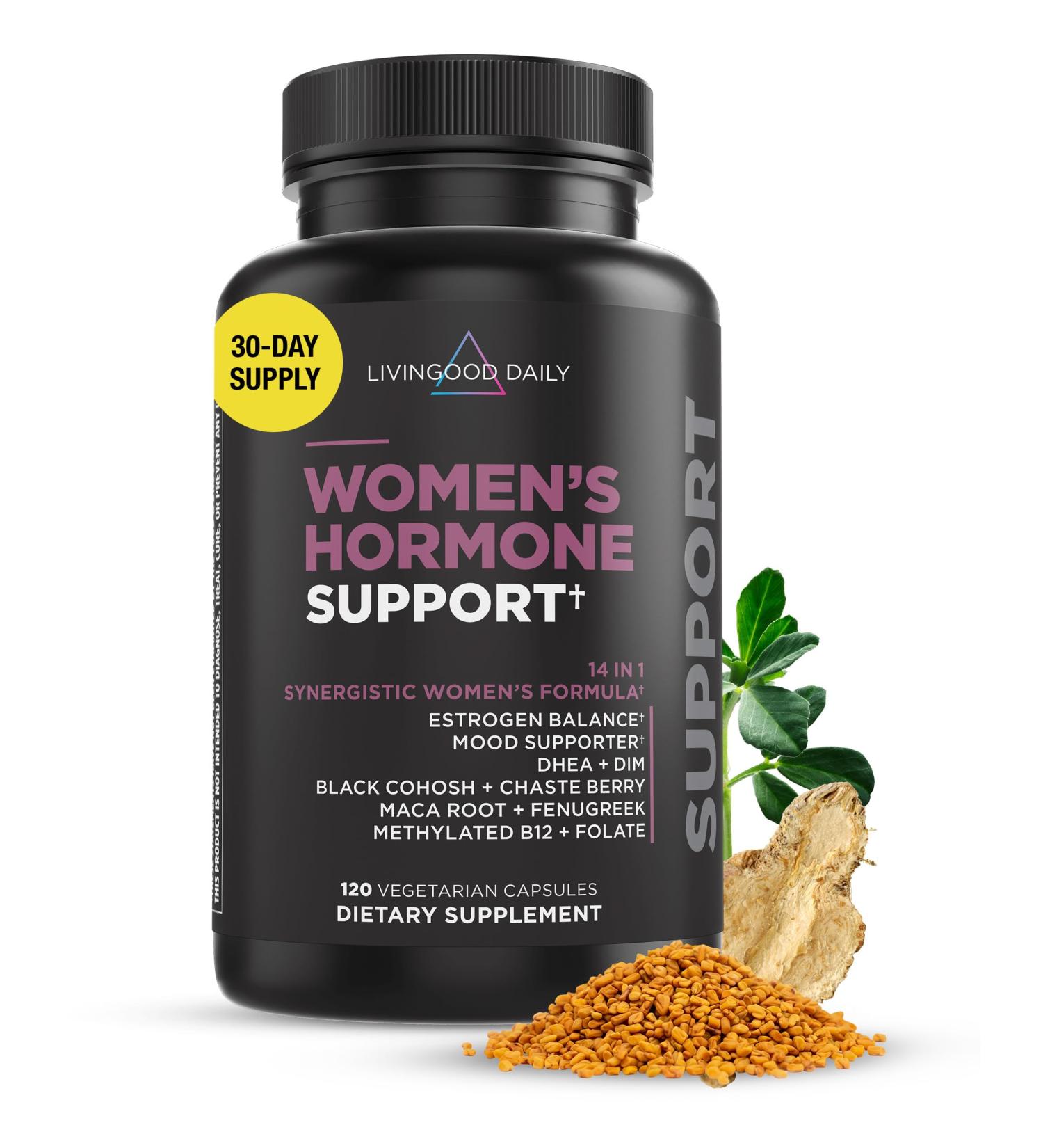 Livingood Daily Women s Hormone Support PMS Relief Menopause Supplements & Estrogen Boost with Fenugreek Black Cohosh & Chasteberry - 120 Capsules - Buy Online on GoSupps.com
