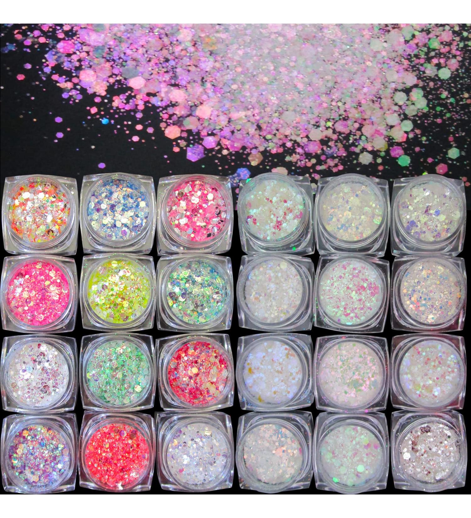 LoveOurHome 24 Box Iridescent Glitters Powder Pigment Nail Decorations for Resin Epoxy Crafts & Makeup - Chunky Flakes, Sequins & Hexagon Accessories for Festival, Body, Acrylic Nails Design - Buy Online on GoSupps.com