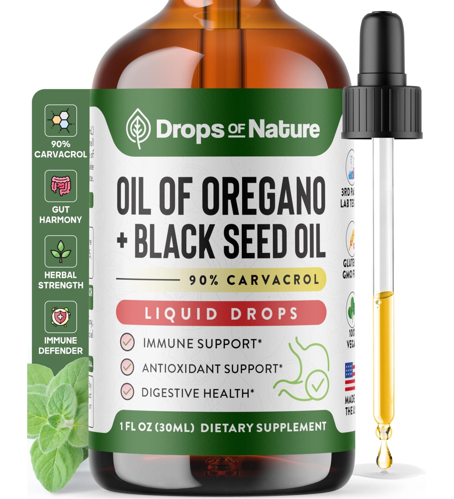 Oil of Oregano with Black Seed Oil Liquid Drops Wild Oregano (90% Carvacrol) and Black Cumin Seed Oil Vegan GMO-Free & High-Potency Supports Immunity Gut Health and Wellness (Unflavored 30mL) - Buy Online on GoSupps.com
