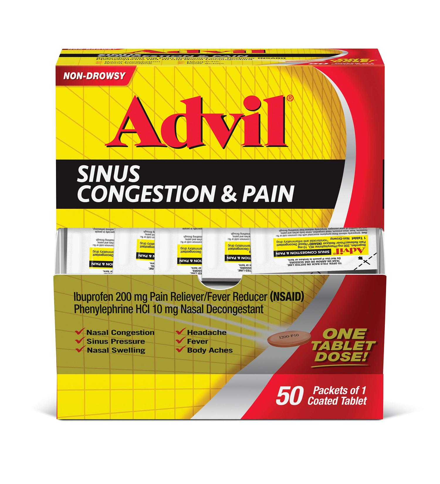 Advil Sinus Congestion & Pain Relief - 50 Count (Pack of 1) | Ibuprofen & Phenylephrine HCl | Fever Reducer - Buy Online on GoSupps.com