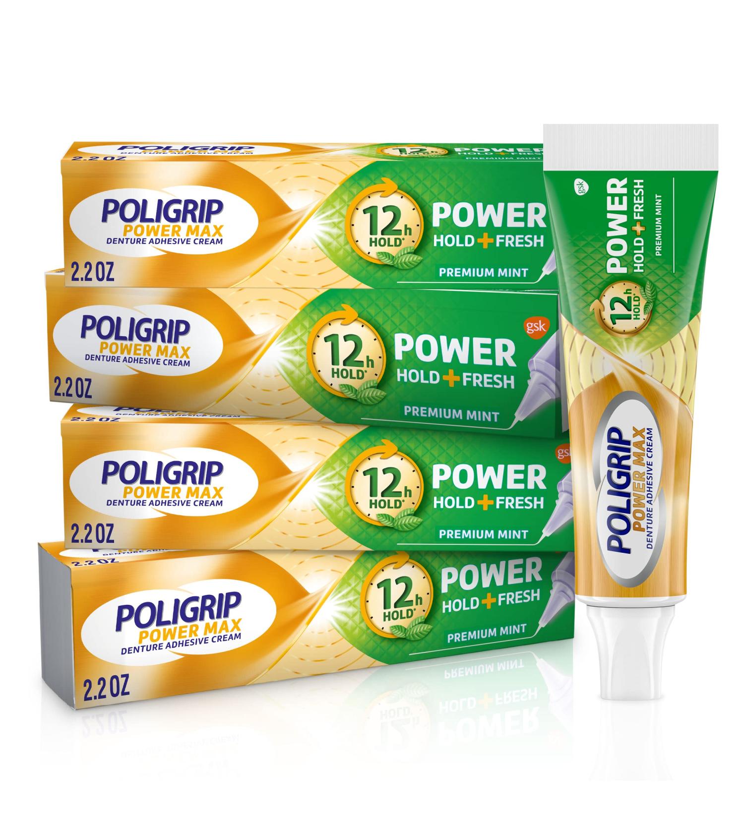 Super Poli-Grip Power Max Denture Cream Premium Peppermint 2.2 oz x 4 - Strong Hold & Fresh Feel - Buy Online on GoSupps.com
