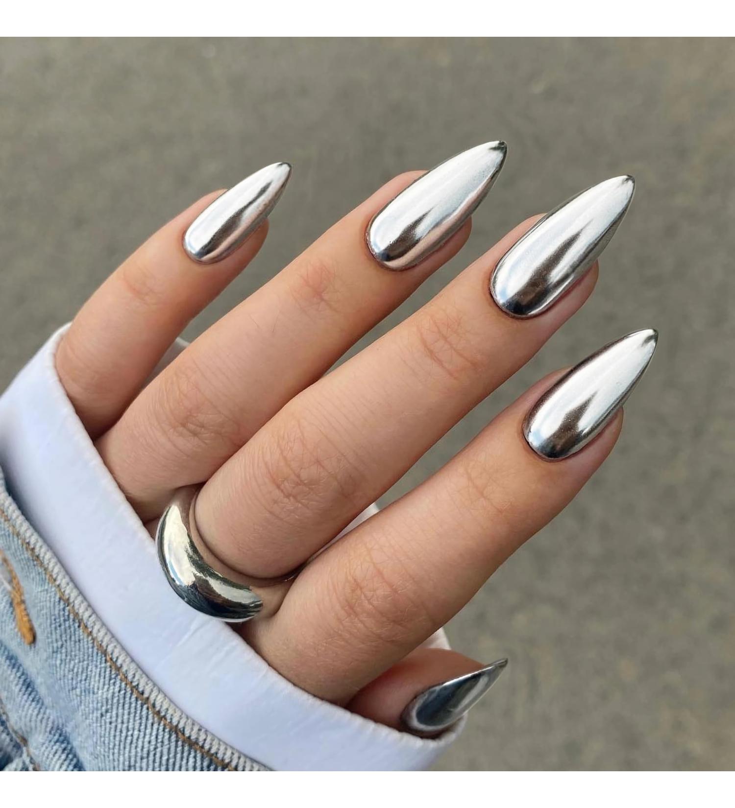 Lustrous Silver Chrome Press-On Nails | Medium Almond Metallic Acrylic | Glossy Stiletto & Reusable 24-Piece Kit - Perfect for Women - Buy Online on GoSupps.com