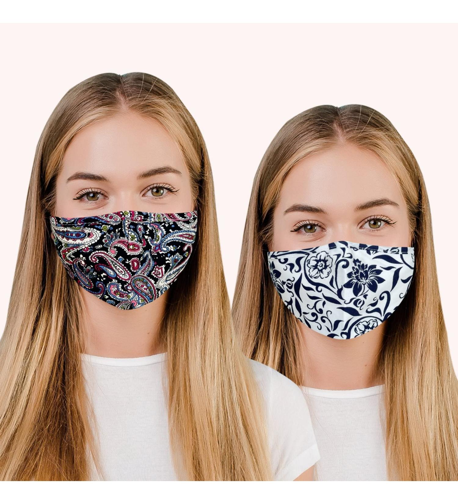Washable 3-Layer Cotton Face Masks with Nose Wire for Glasses Wearers | Reusable & Breathable | Filter Pocket & Adjustable Loops (2-Pack, Floral - Q) - Buy Online on GoSupps.com