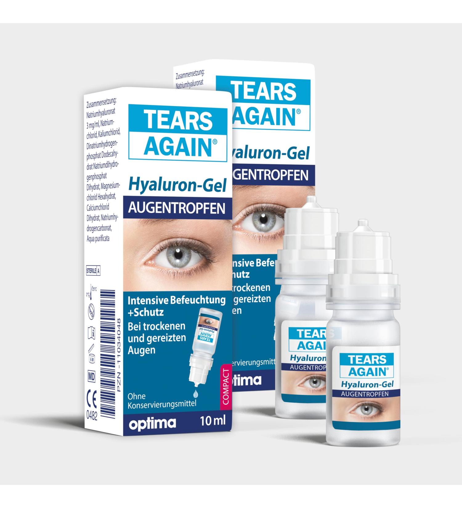 Tears Again Hyaluron 0.3% Gel Eye Drops - Relief for Dry Reddened Irritated Eyes | Preservative-Free 2x10ml - Buy Online on GoSupps.com