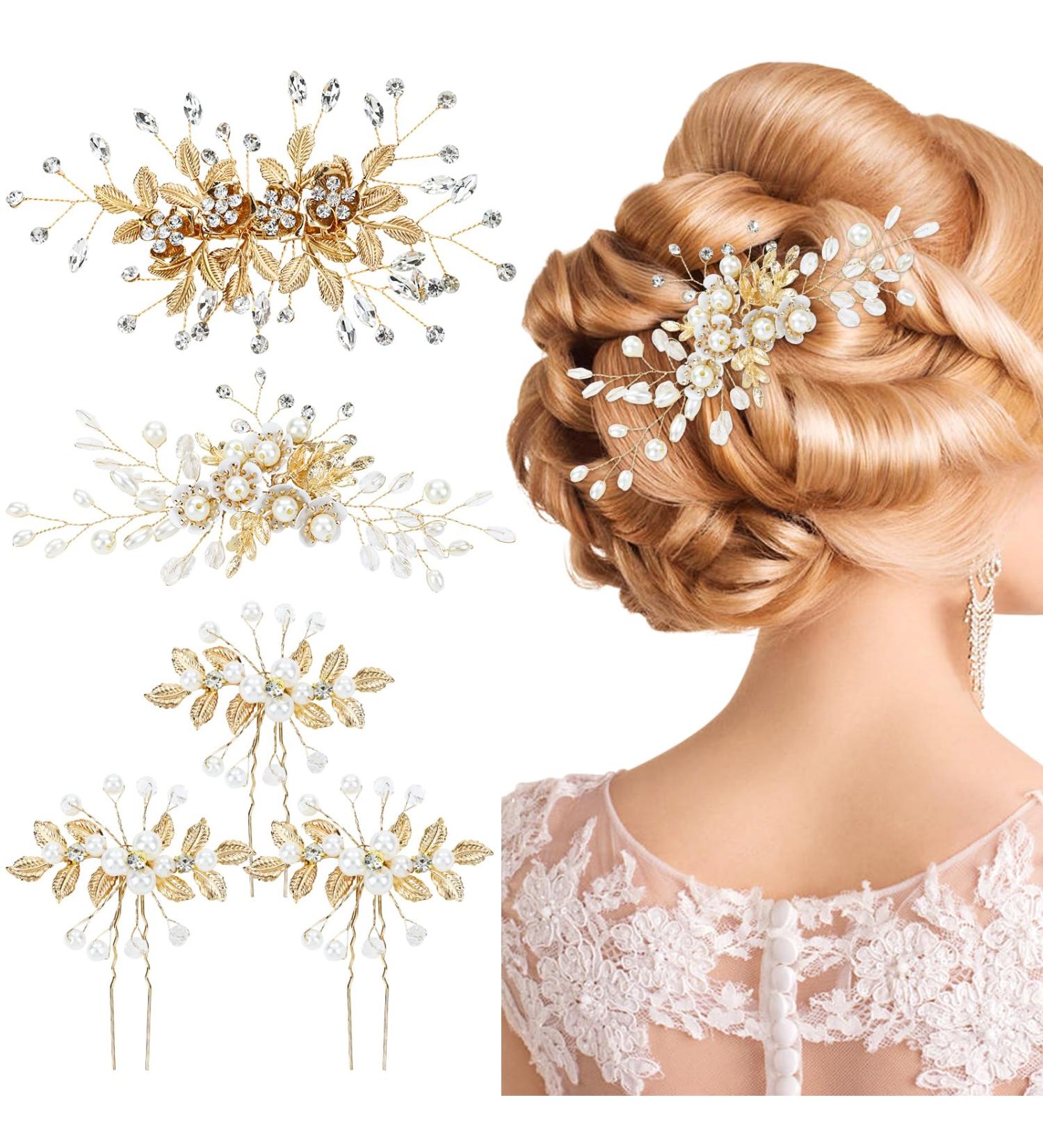 inSowni 5 Pieces Gold Metal Pearl Rhinestone Wedding Bridal Leaf Flower Hair Clips Barrettes+U-shaped Floral Hair Pins Accessories Headpieces for Brides Bridesmaids Women Girls - Buy Online on GoSupps.com