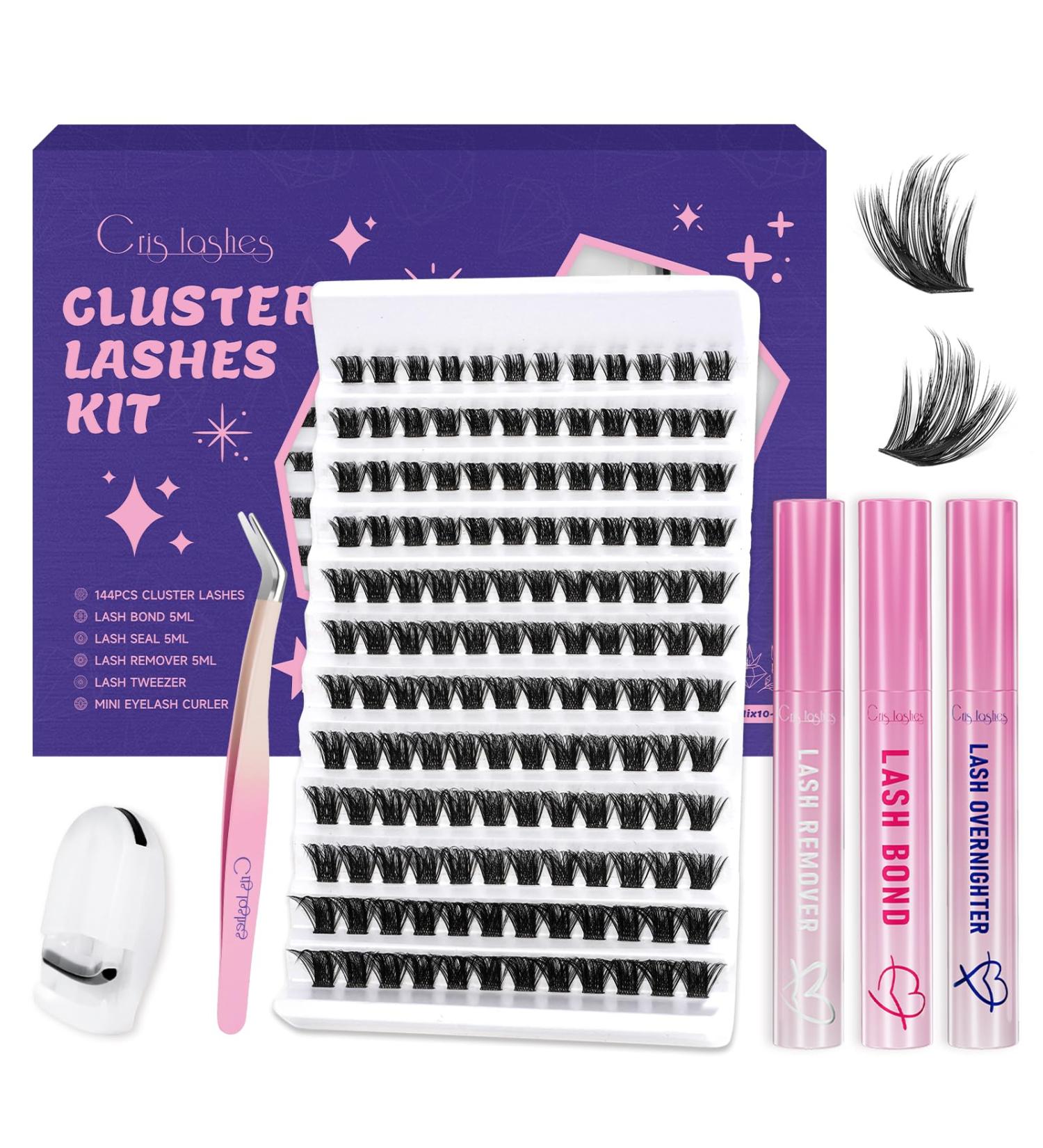 Crislashes 144pcs DIY Eyelash Extension Set | 10-18mm D Curl with Adhesive Sealant Tweezers & Pliers | Complete 6PCs Kit for Home Use - Buy Online on GoSupps.com