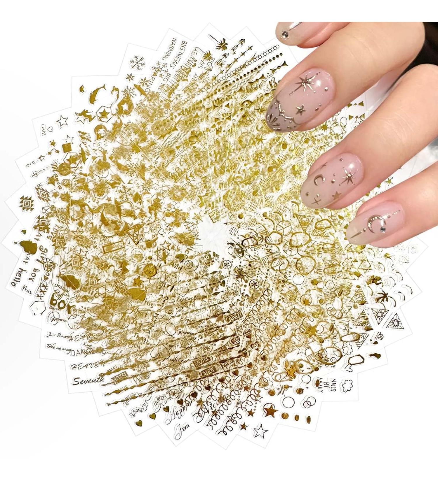 30 Sheets Gold Nail Art Stickers - 3D Self-Adhesive Stars & Hearts for Nail Design - Aurora Line & Moon Decals for Women & Girls - Buy Online on GoSupps.com