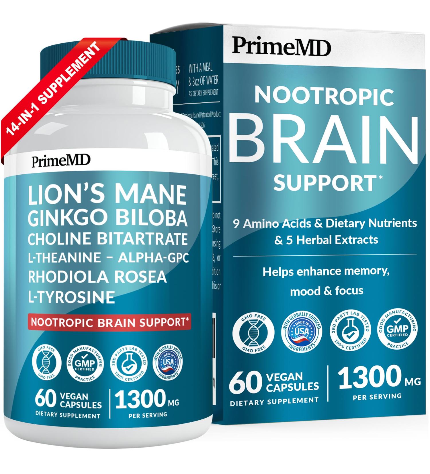 14-in-1 Lions Mane Supplement Capsules - Nootropic Brain Supplement with Ginkgo Biloba for Brain Support, Memory and Focus - Alpha GPC, L Theanine & Choline Supplements with 1300mg Per Serving (60 ct) 60 Count (Pack of 1) - Buy Online on GoSupps.com