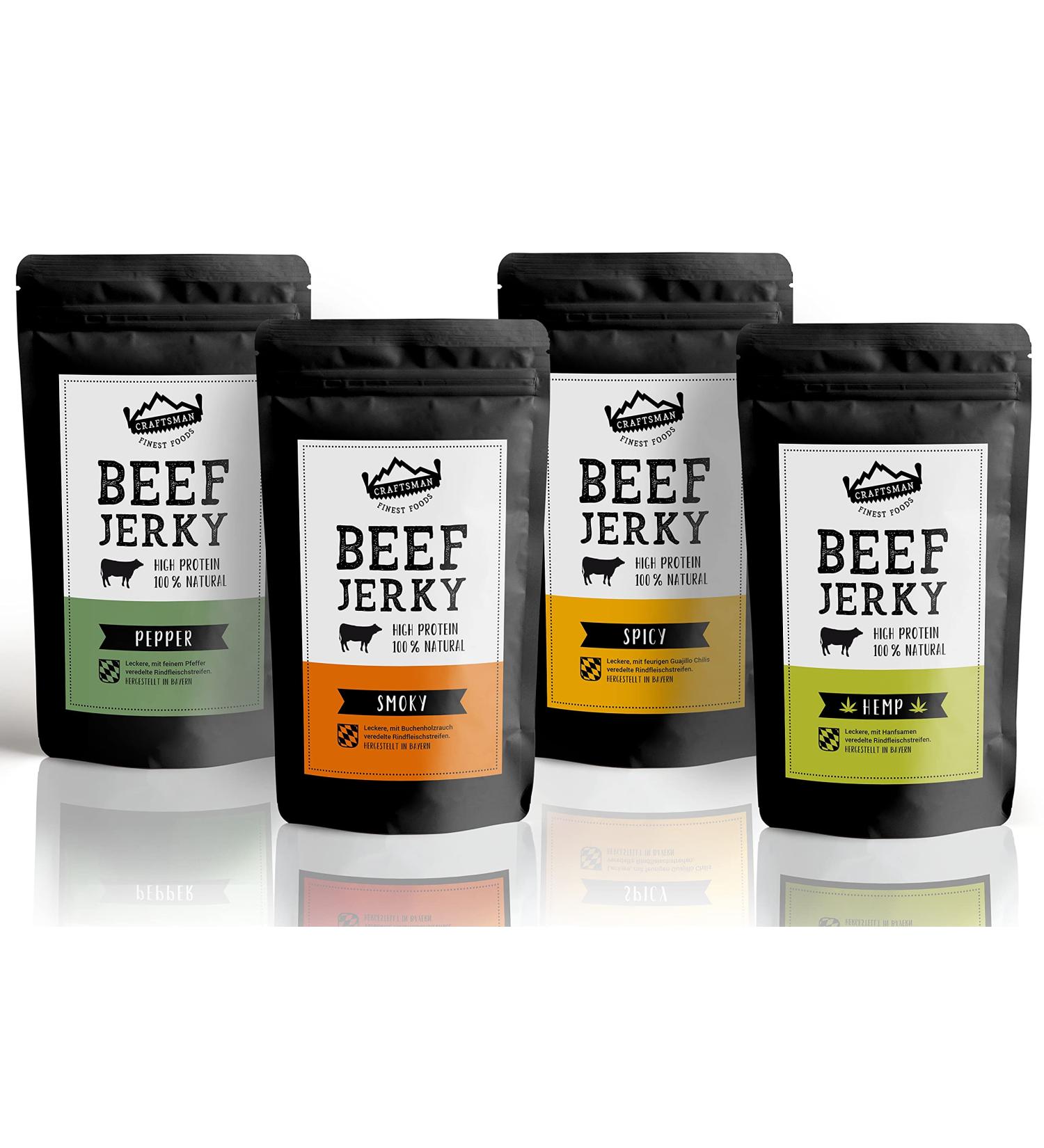  CRAFTSMAN FINEST FOODS Craftsman Beef Jerky 4 x 100 g 400 g Made in Germany Bavaria Dehydrated Meat Blend Protein 68% Dry Meat Biltong 100% Natural Sugar Free Hemp Pepper Smoky Chili - Buy Online on GoSupps.com