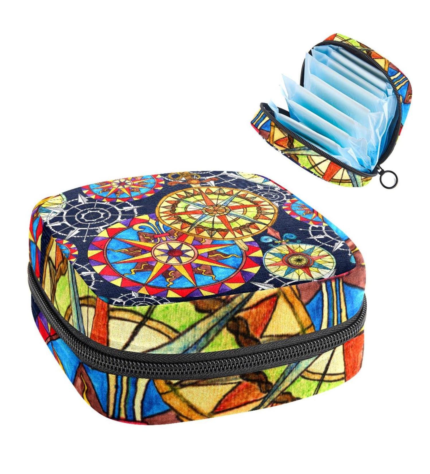 Compasses Watercolor Sanitary Napkin Storage Bag - Period Pouch for Women & Teens | Multi-colored | 1Pcs - Buy Online on GoSupps.com