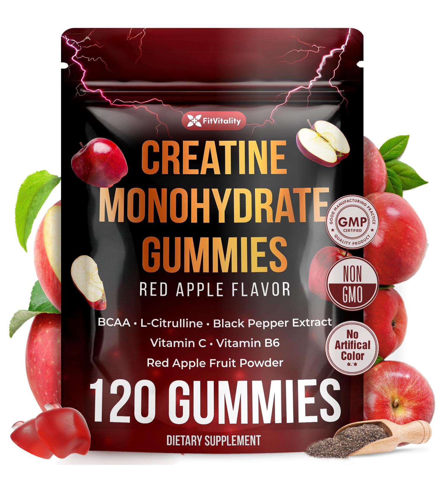 Premium 120 Creatine Gummies - Formulation with Creatine Monhydrate Vitamin C & B6 - Vegan Non-GMO Sugar-Free Red Apple Flavor Creatine Monohydrate Gummies 120 Count (Pack of 1) - Buy Online on GoSupps.com