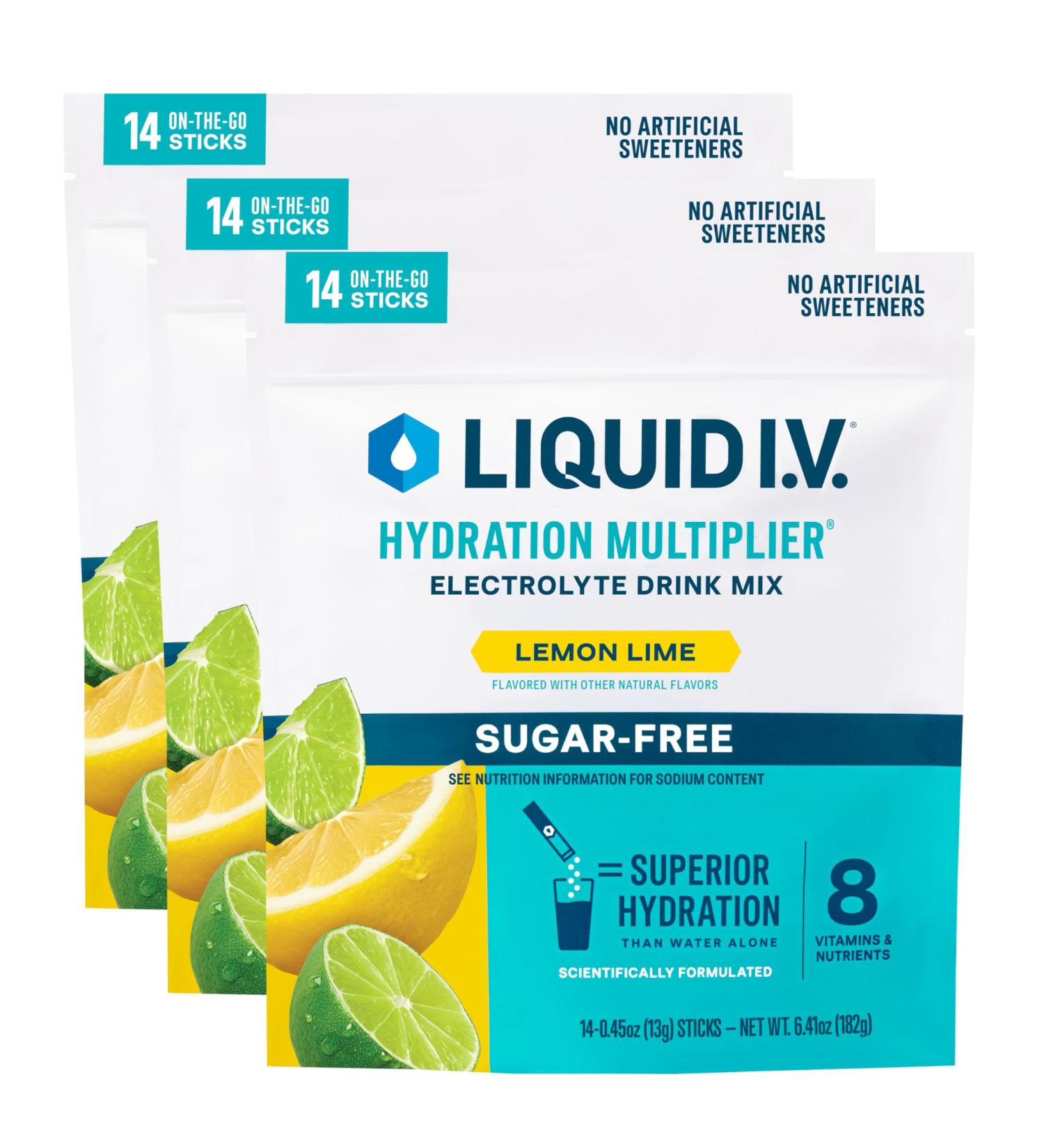 Liquid I.V. Hydration Multiplier Sugar-Free - Lemon Lime - Hydration Powder Packets | Electrolyte Powder Drink Mix | Convenient Single-Serving Sticks | Non-GMO | 14 Servings (Pack of 3) - Buy Online on GoSupps.com
