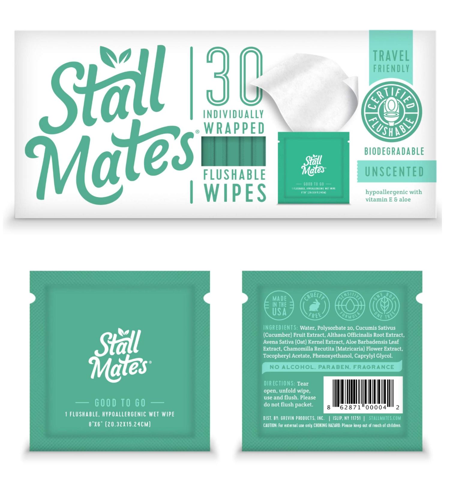 Stall Mates Flushable Wipes - Unscented with Vitamin-E & Aloe (30 Singles) - Travel Size - Buy Online on GoSupps.com