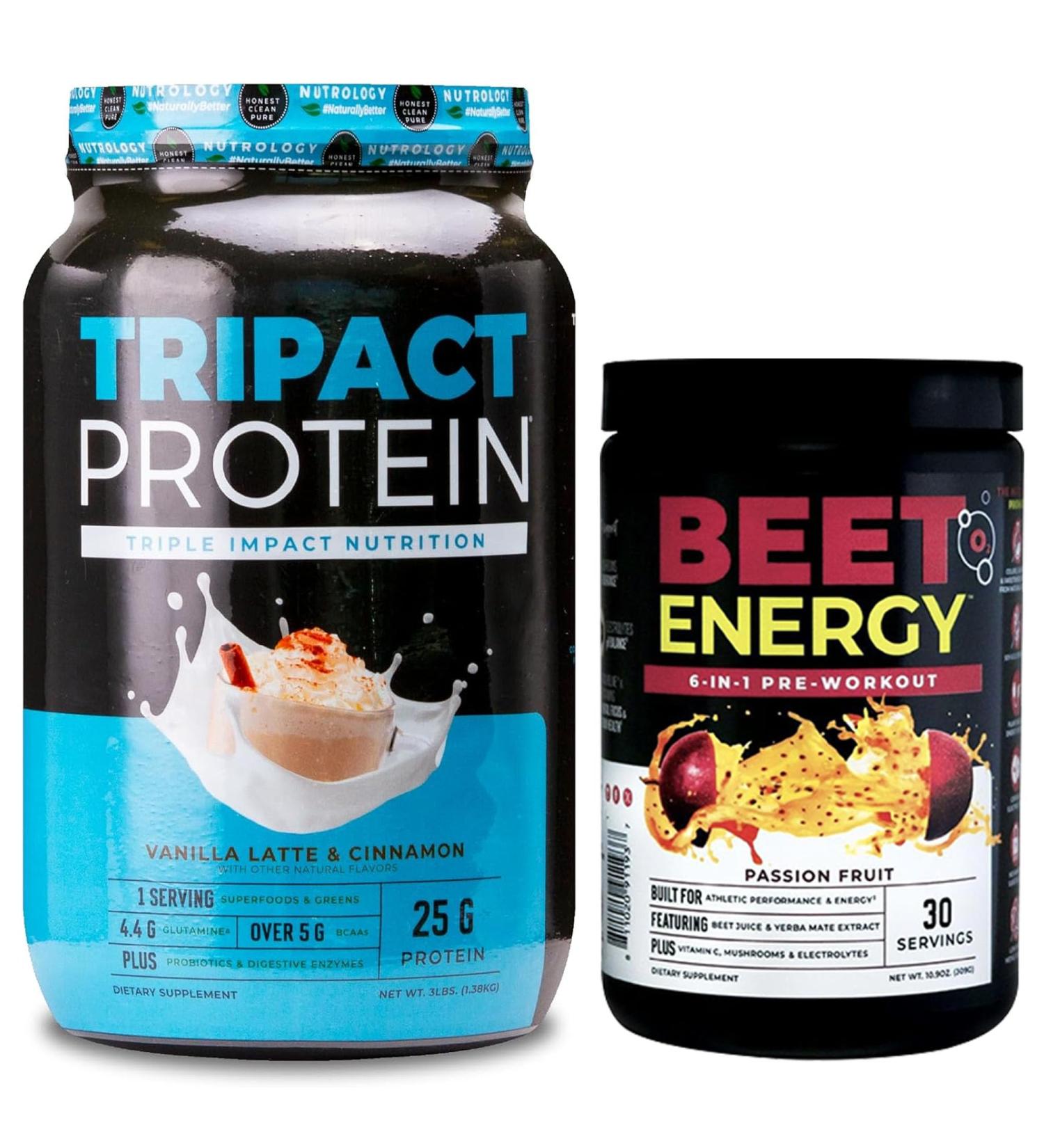 Nutrology TRIPACT Protein Powder 7-in-1 Meal Replacement Shake Vanilla Latte Cinnamon Flavor (40 Servings) Beet Natural O2 Pre Workout Powder Passion Fruit Flavor (30 Servings) - Buy Online on GoSupps.com