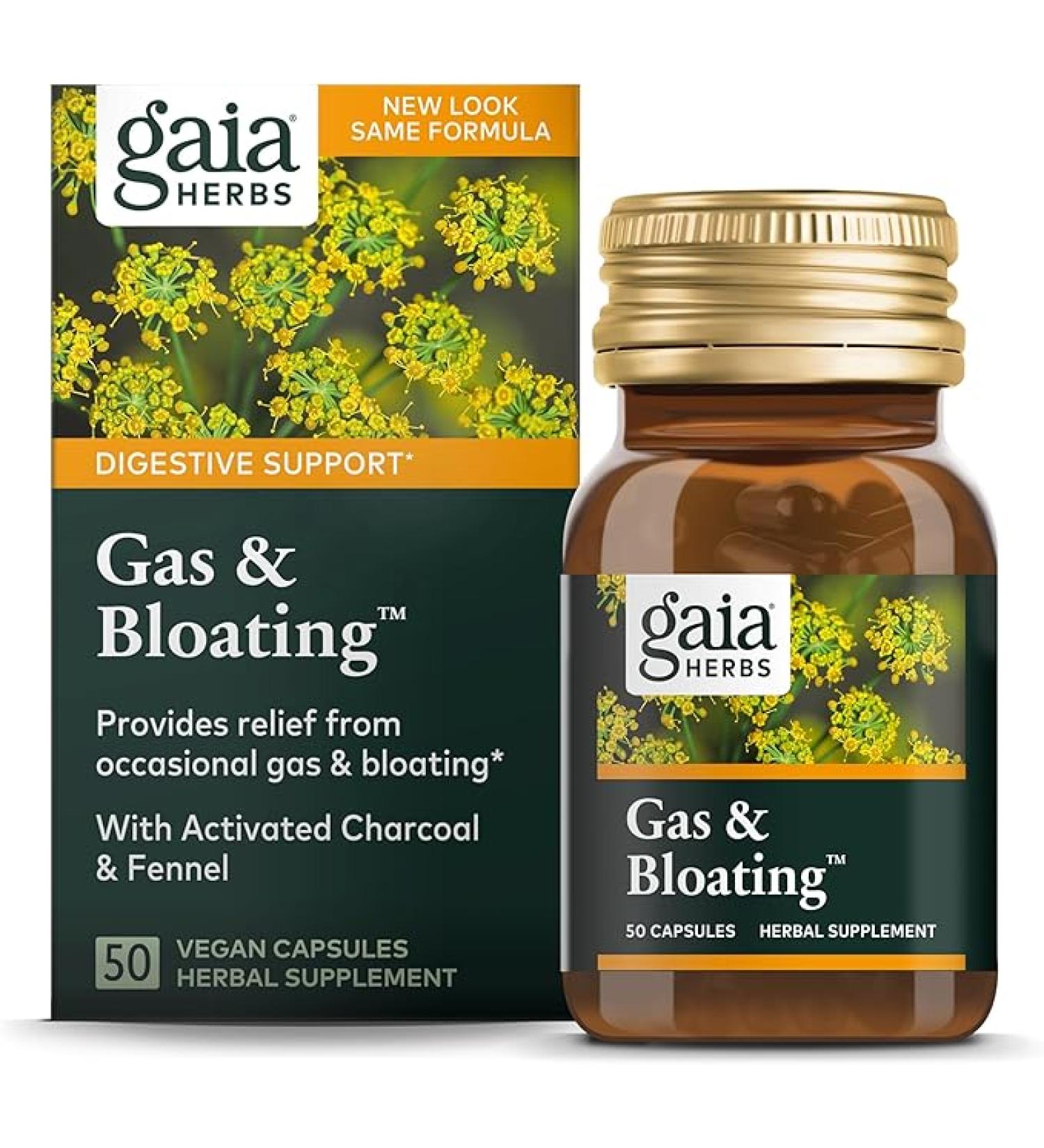 Gaia Herbs Gas & Bloating - Provides Relief from Occasional Gas and Bloating - with Activated Charcoal, Fennel, Chamomile, Cumin, and Peppermint Leaf Essential Oil - 50 Vegan Capsules (25-Day Supply) - Buy Online on GoSupps.com