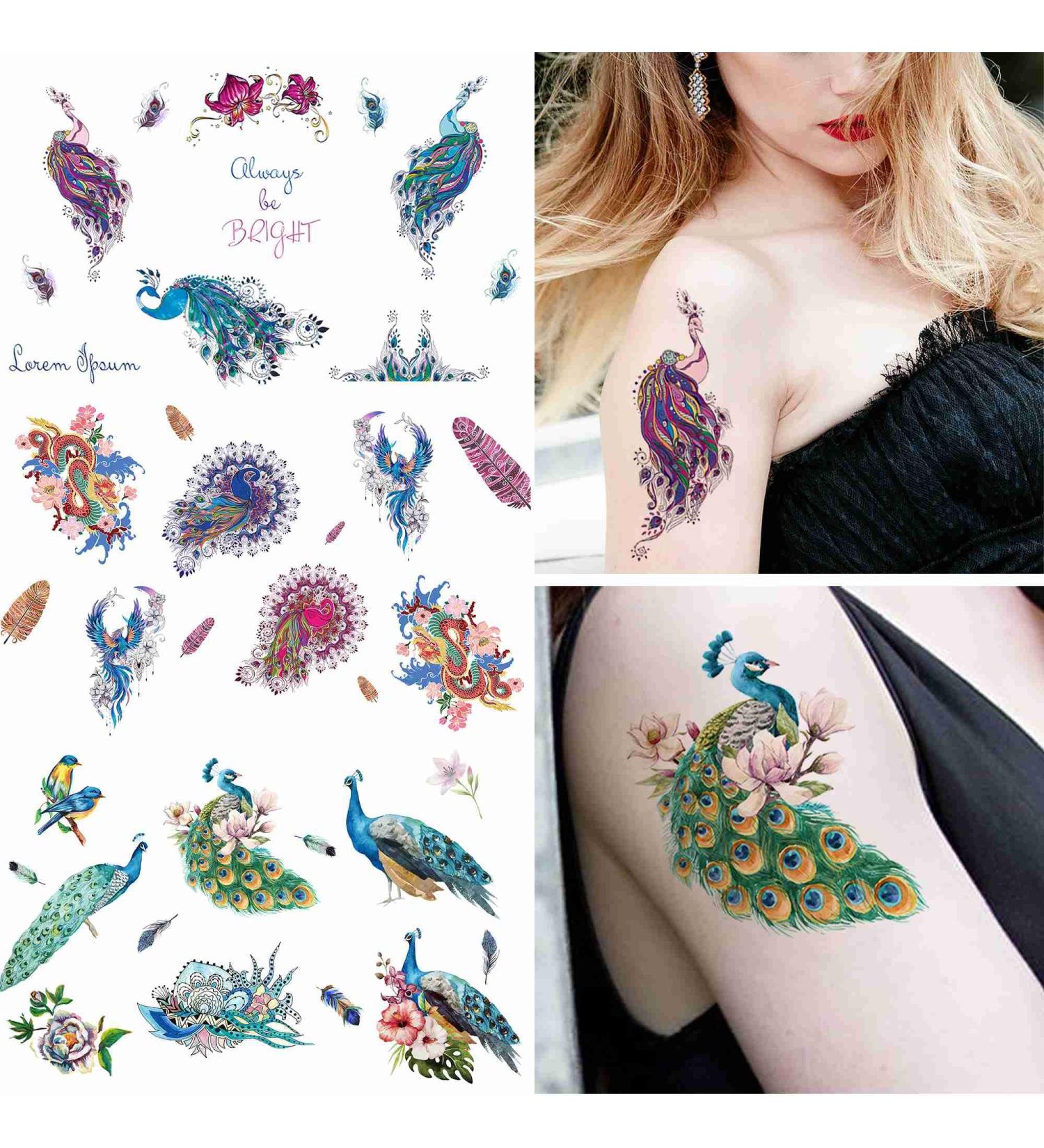 Dopetattoo 18 sheets Temporary Tattoos Peacock Peahen Fake Tattoos Sexy Peacocks for Women Girls Adults 3.7x3.7 17