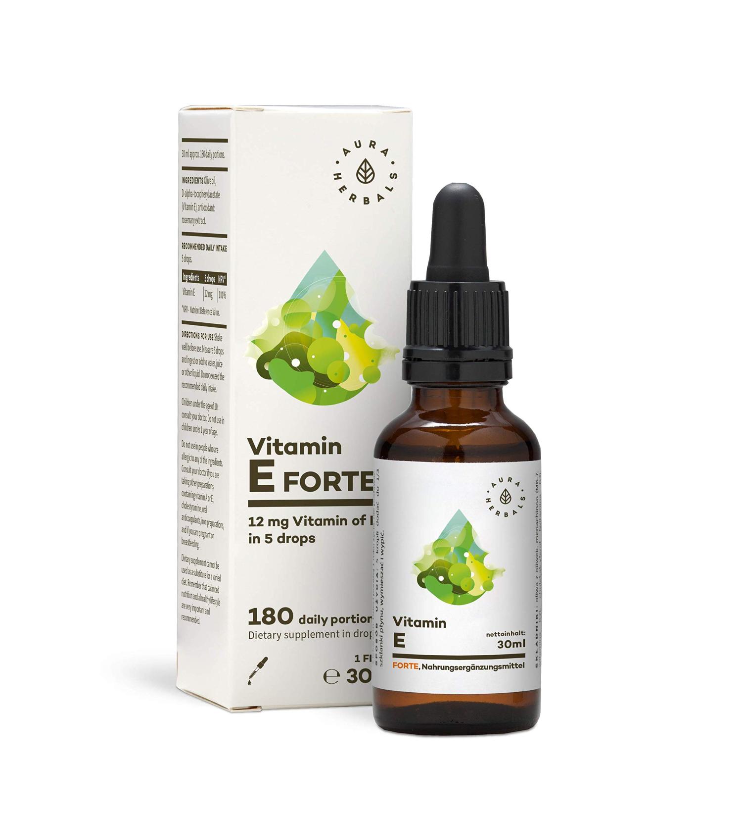 Aura Herbals Vitamin E Forte 900 Drops - High-Dose 180 Daily Portions - 100% Natural Vegan Oil - 30ml High Bioavailability - Buy Online on GoSupps.com