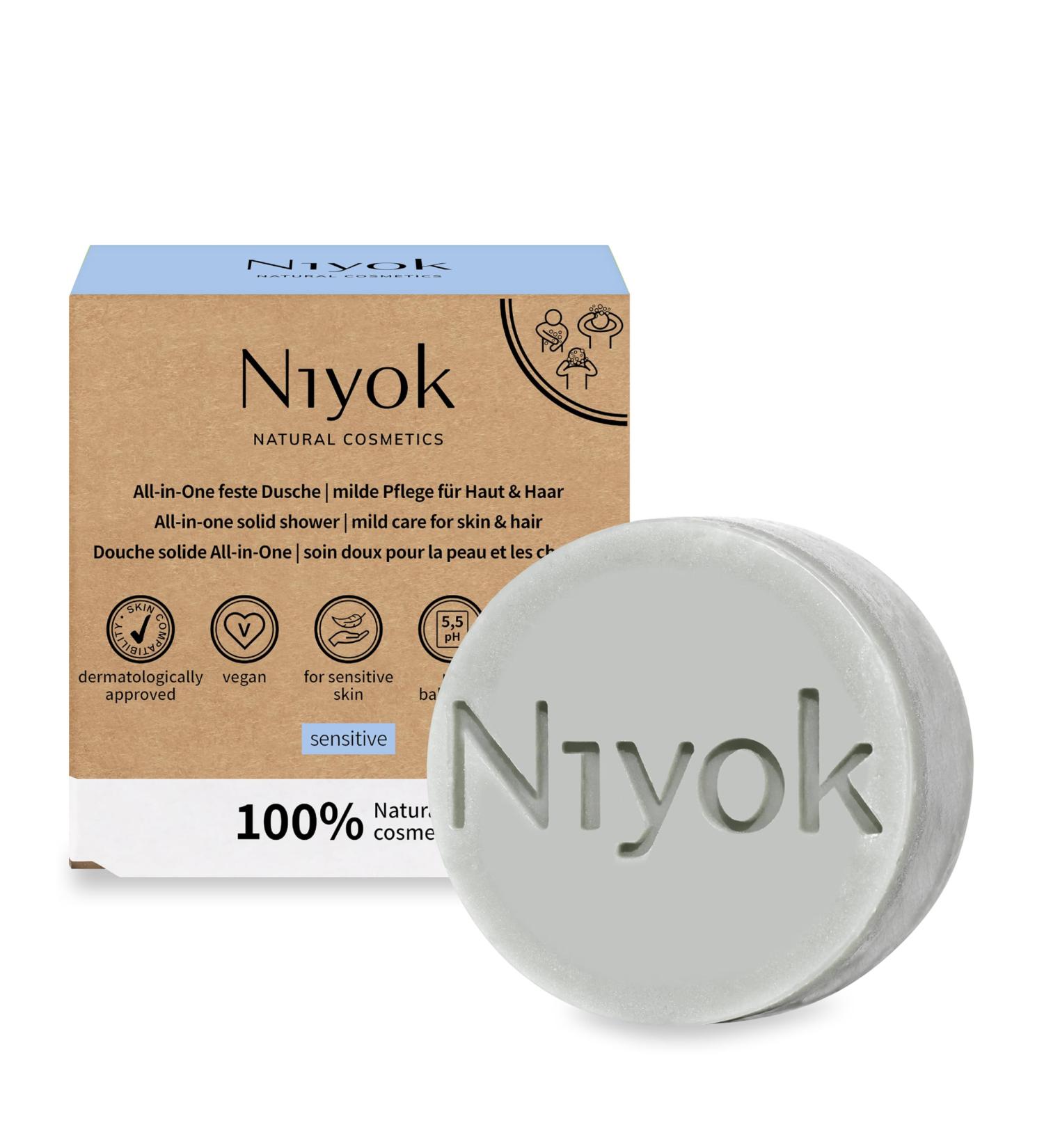 Niyok All-in-One Shower Skin + Hair Skin-Neutral pH 5.5 Vegan Plastic Free Natural Cosmetics without Plastic Like Shower Soap for Men Organic Sensitive (80 g) - Buy Online on GoSupps.com