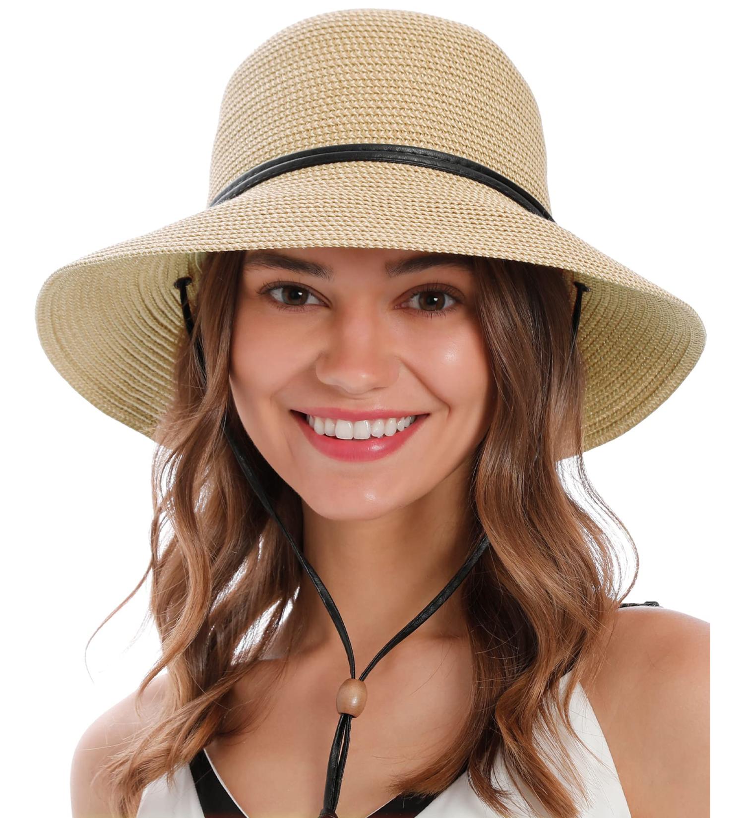 Simplicity Wide Brim Straw Sun Hat with Lanyard | UPF Summer Hat for Women in Ivory Black - Buy Online on GoSupps.com