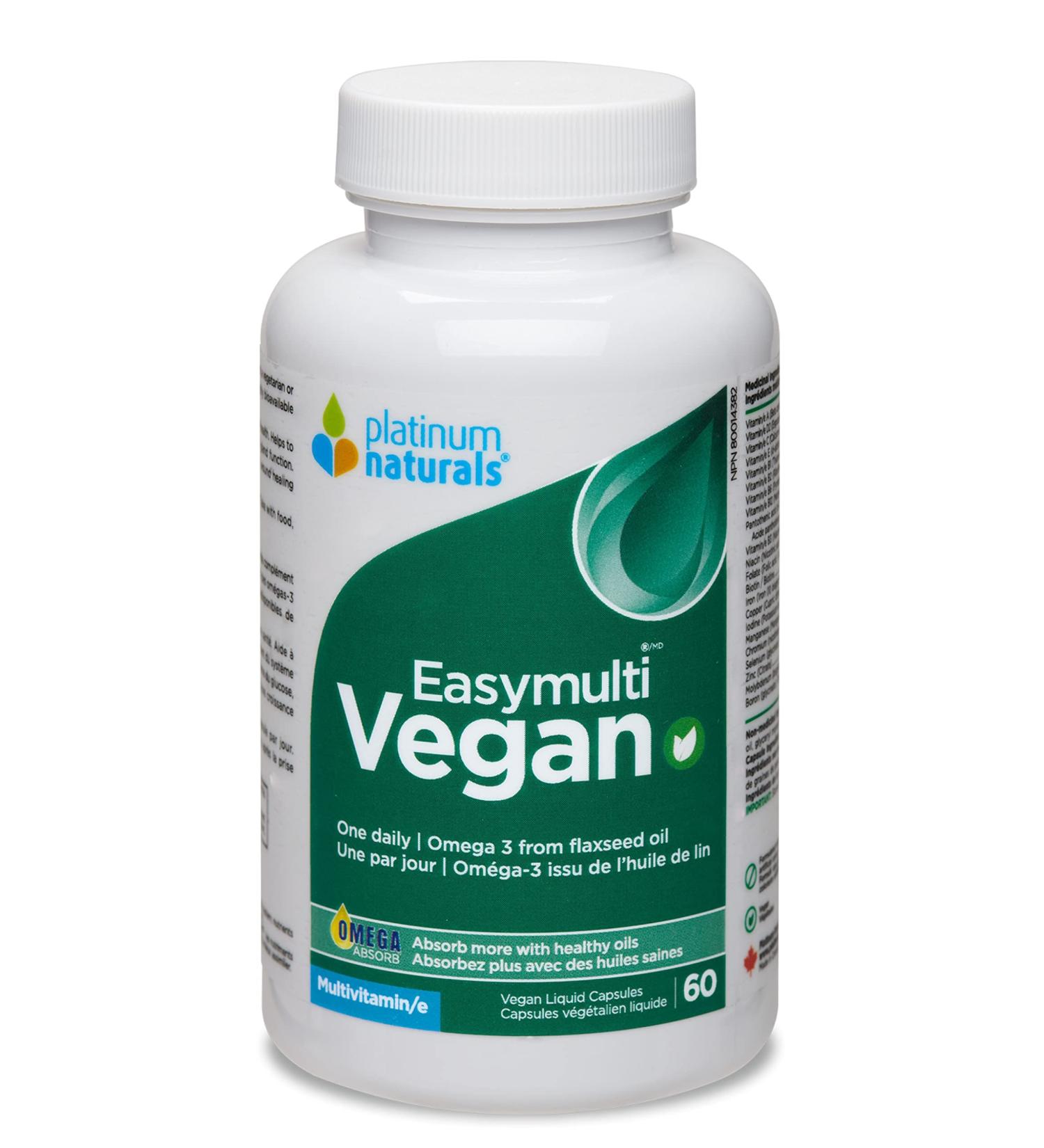 Platinum Naturals Easymulti Vegan 60 Vegan Liquid Capsules Complete Multivitamin for Men & Women Includes Omega 3 Flaxseed Oil Enriched with Vitamin B1 B2 B3 B5 B6 B12 C Iron & Zinc 60 count (Pack of 1) - Buy Online on GoSupps.com