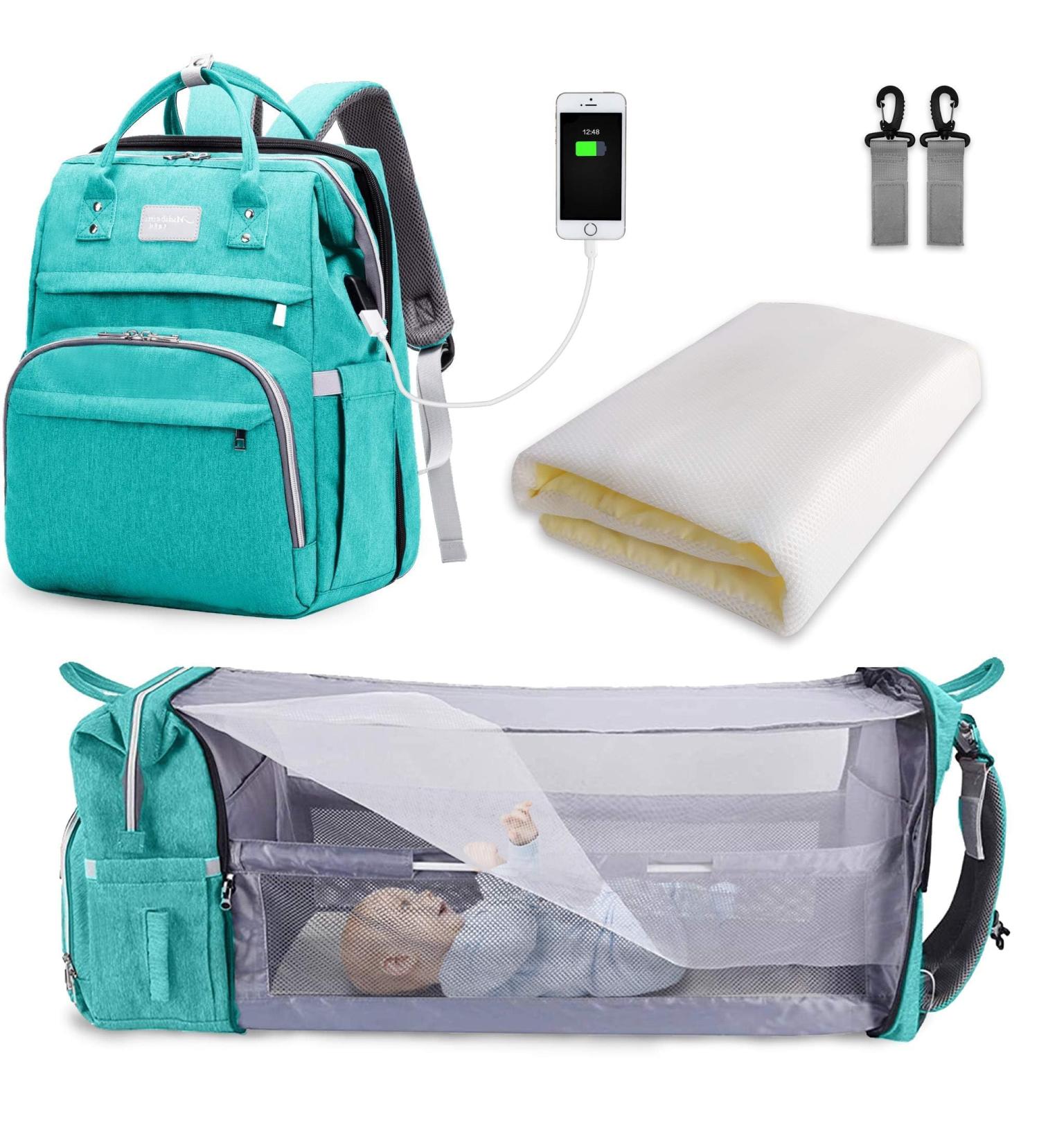 Buy SndMor Mint Green Diaper Backpack - Multifunctional Wrap Bag with Bed Function Stroller Hook & Large Capacity for Moms & Dads - Buy Online on GoSupps.com