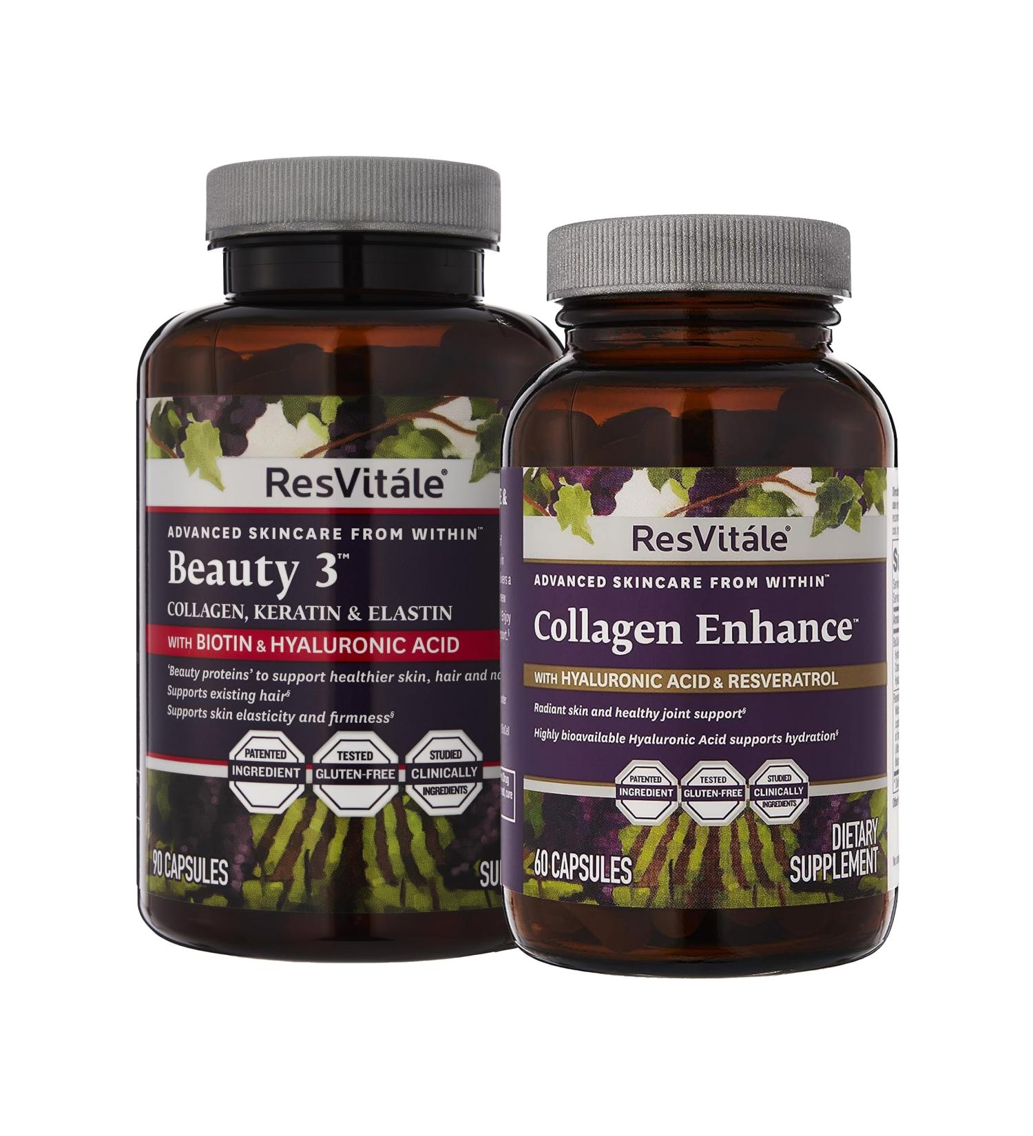 ResVitale Beauty 3 - Skin Care Supplement with Collagen Keratin & Elastin - 90 Capsules & Collagen Enhance - Beauty Supplement with Hyaluronic Acid & Resveratrol - 60 Capsules - Buy Online on GoSupps.com