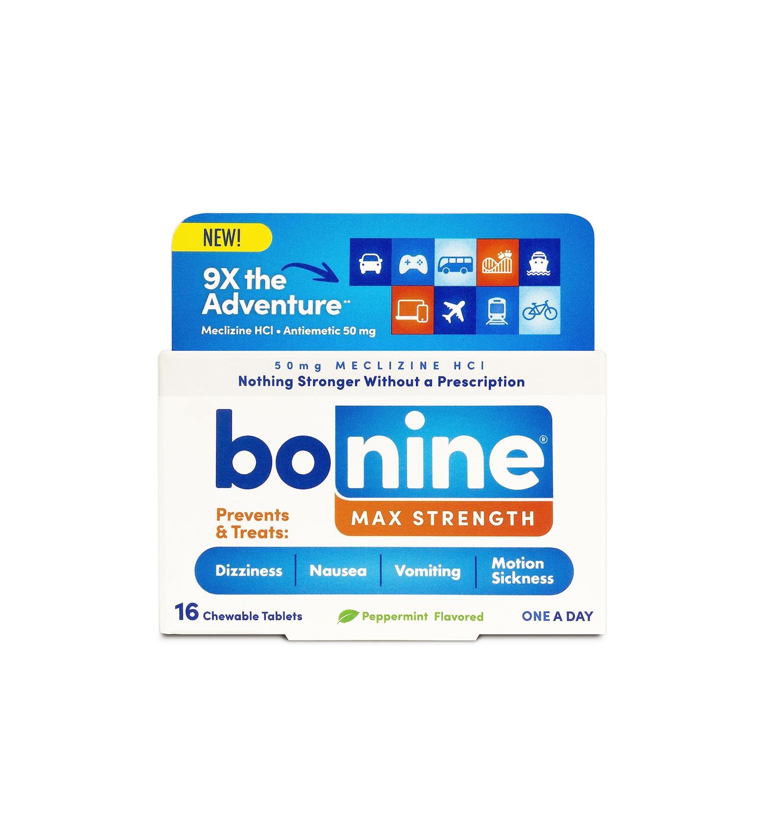Bonine MAX Chewable Meclizine HCL 50mg for Motion Sickness Relief - Max Strength Formula, 16 Tablets, Peppermint - Cruise Essentials - Buy Online on GoSupps.com