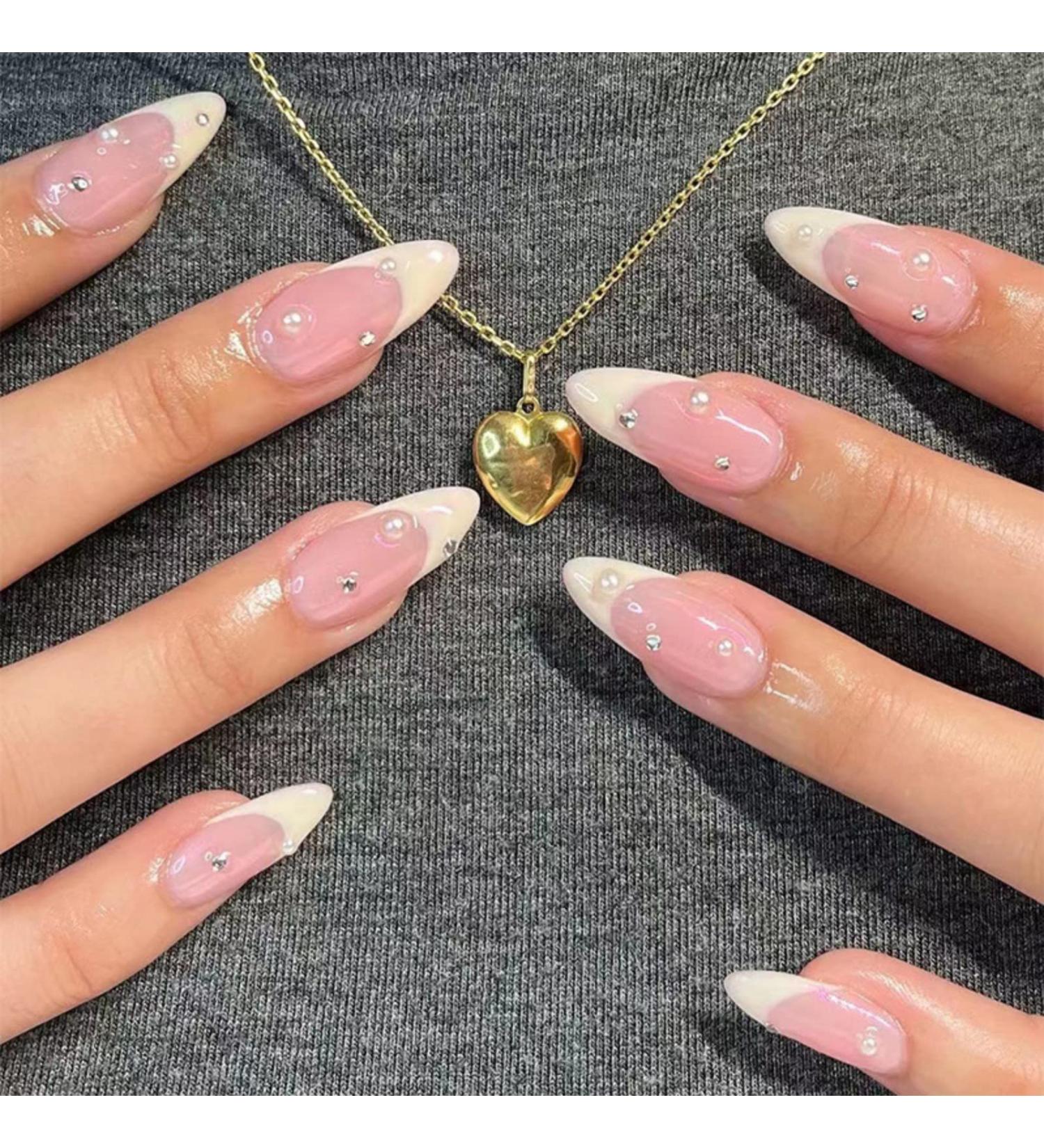 Justotry 24 Pcs Pearls Short False Nails Stiletto Beige French Press On with Diamante - Nail Art for Women - Buy Online on GoSupps.com
