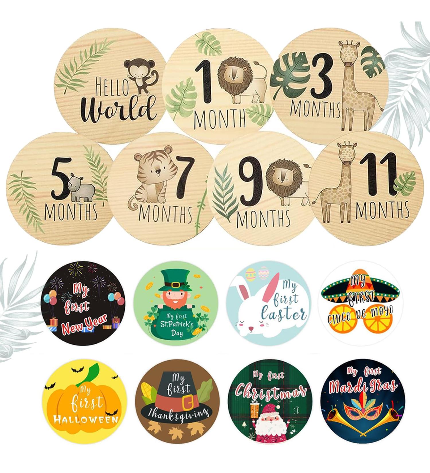 Baby Monthly Milestone Cards KAMHBE 7 Pcs Wooden Baby Milestone Cards with 8 Pcs Festival Milestone Stickers Double Printed Baby First Year Growth Photo Props Baby Shower Gifts - Buy Online on GoSupps.com