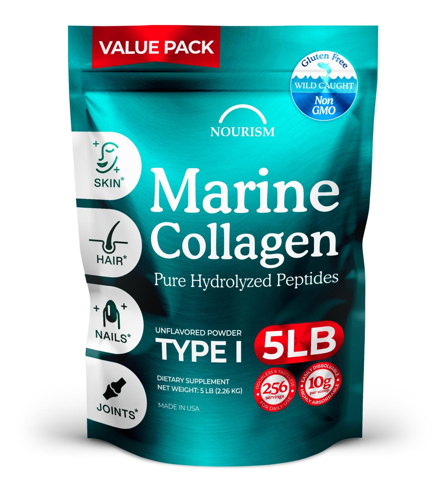 Nourism Marine Collagen Peptides Powder - Hydrolyzed Type I Wild-Caught Non-GMO Gluten-Free Unflavored Easy to Mix Drink for Healthy Hair Skin Joints & Nails 5 Lb - Buy Online on GoSupps.com
