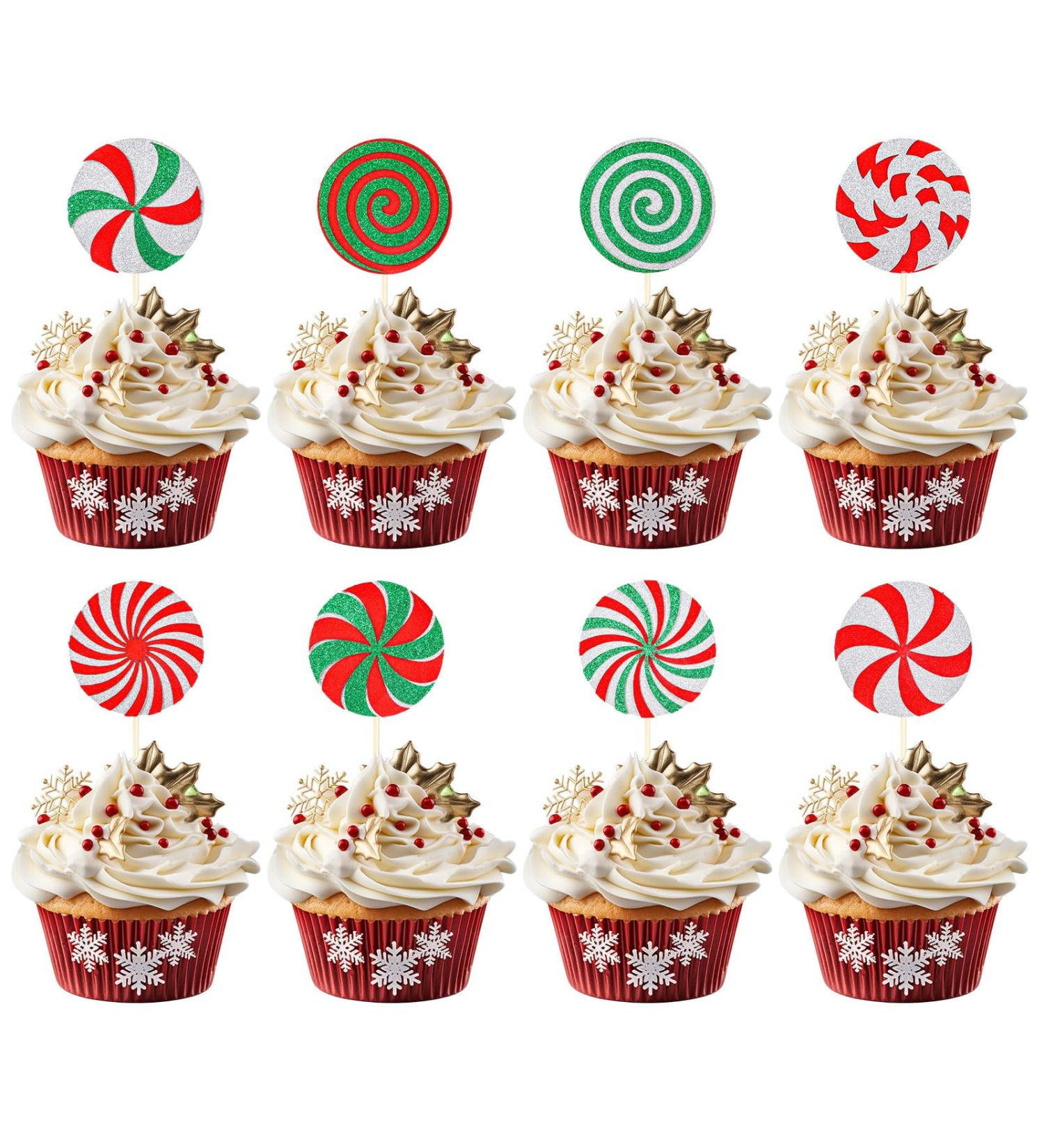 Whaline 24Pcs Christmas Cupcake Toppers Red Green Glitter Xmas Peppermint Candy Cupcake Picks for Xmas Holiday New Year Gathering Celebration Birthday Party Cake Decoration Supplies 8 Styles - Buy Online on GoSupps.com