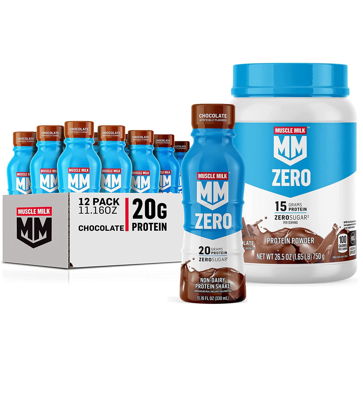 Muscle Mik ZERO Shake Chocolate 11.16 Fl Oz Bottles (Pack of 12) + Muscle Milk Zero 100 Calorie Protein Powder Chocolate 15g Protein 1.65 Pound 25 Servings - Buy Online on GoSupps.com