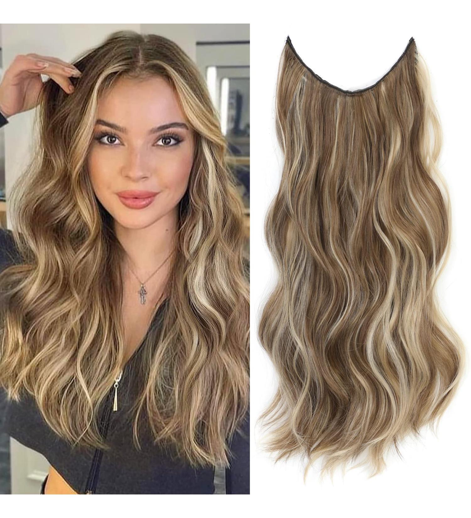 Invisible Wire 20 Long Wavy Curly Hair Extensions with Adjustable Headband - Medium Brown Ash Blonde Synthetic Hairpiece for Women - Buy Online on GoSupps.com