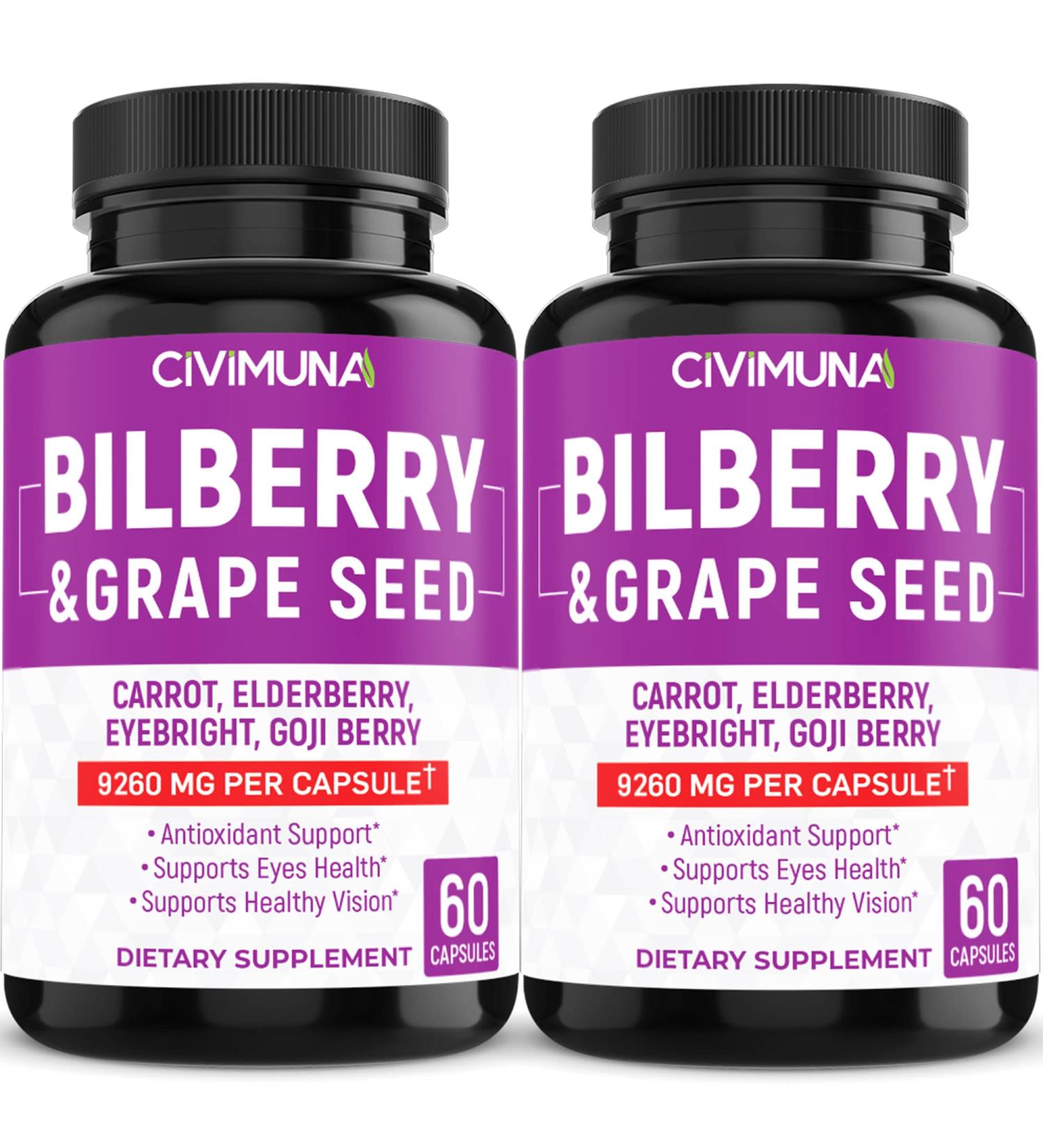 CIVIMUNA Bilberry Capsules 9260mg - 2 Packs - Bilberry, Grape Seed, Carrot, Elderberry - 4 Months Supply - Buy Online on GoSupps.com