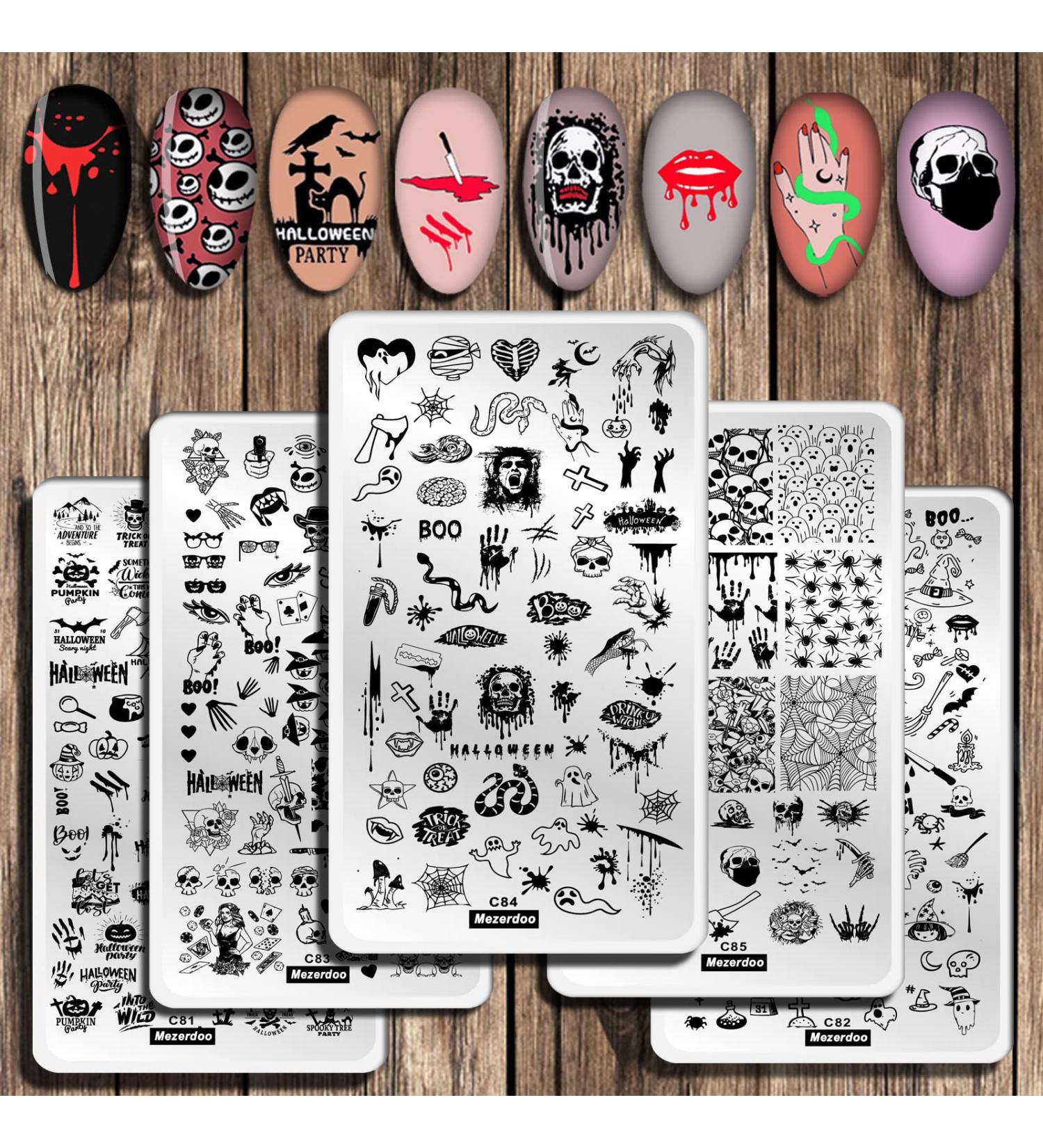 Halloween Nail Art Stamping Plates Set - 5pcs Spider Ghost Pumpkin Bat Design, Stainless Steel Manicure Print Tool for Gel Polish - Festive Nail Stamping Kit - Buy Online on GoSupps.com