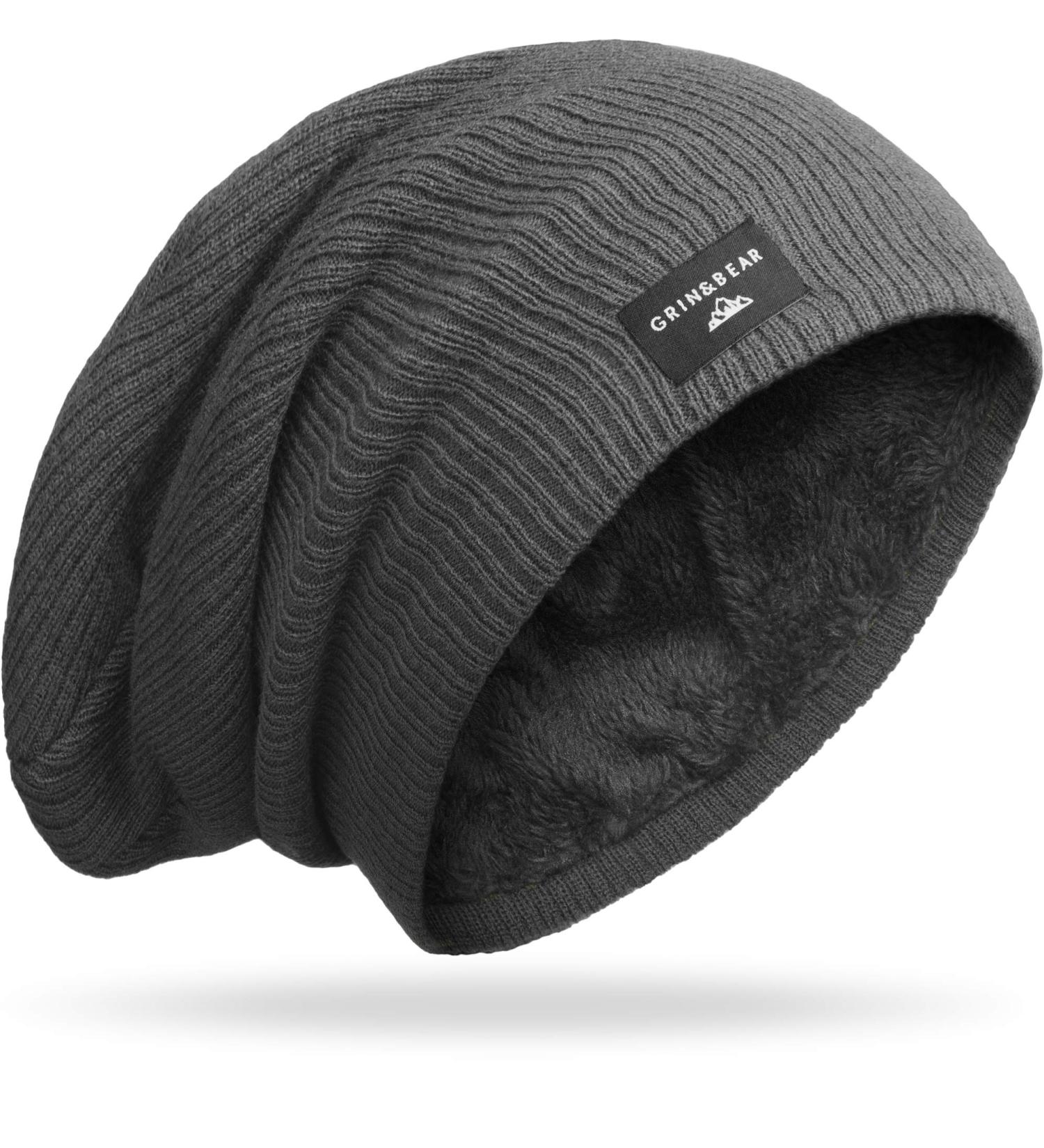 Grin&Bear Long Slouch Beanie Chunky Knit Teddy Fleece M10 One Size Anthracite-M18