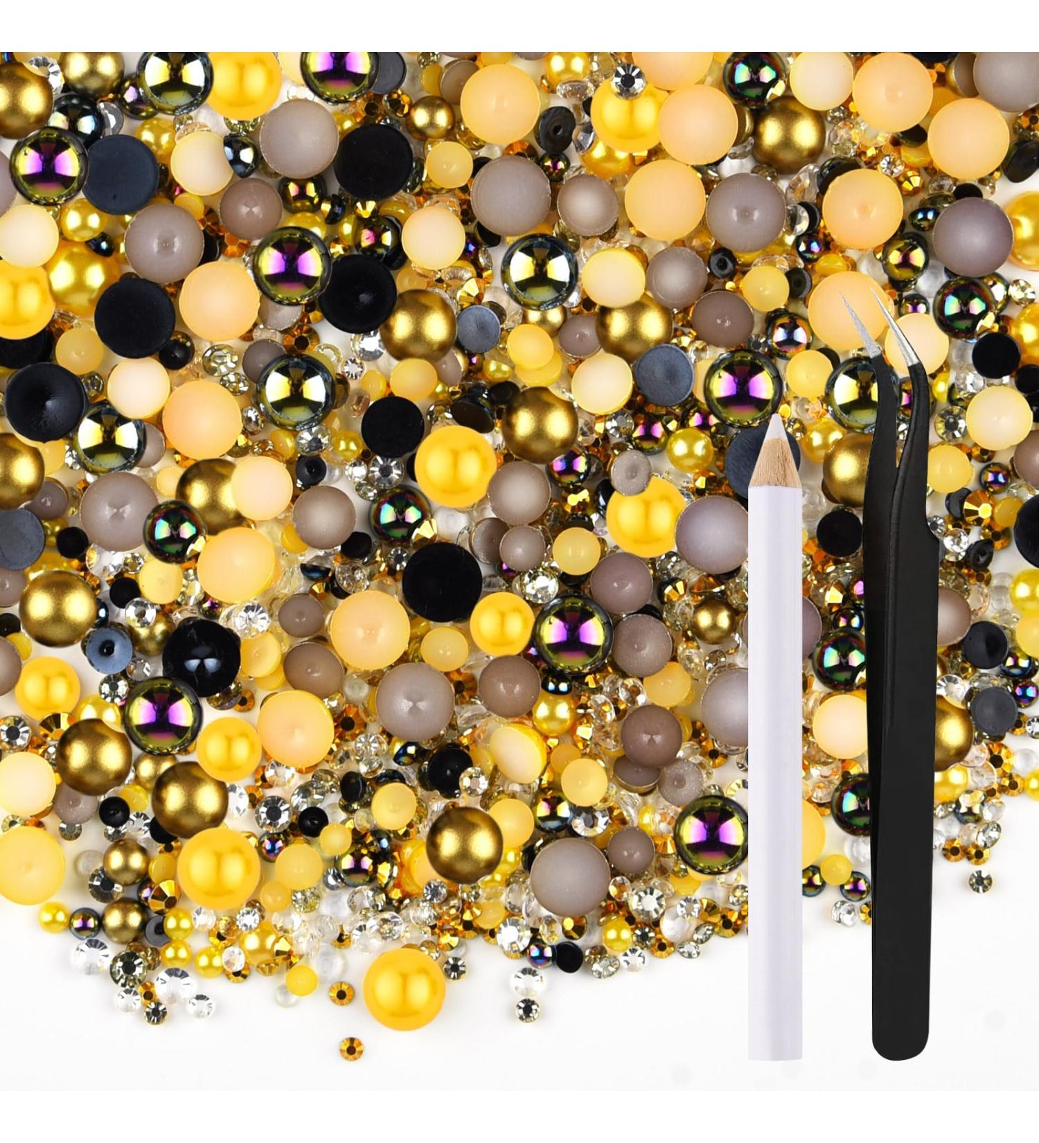 Astaron 50g Flat Back Mixed Stones & Half Pearls for Handicrafts | Gold-Black Rhinestones 3-10mm for Nail Art Cups & Shoes - Buy Online on GoSupps.com