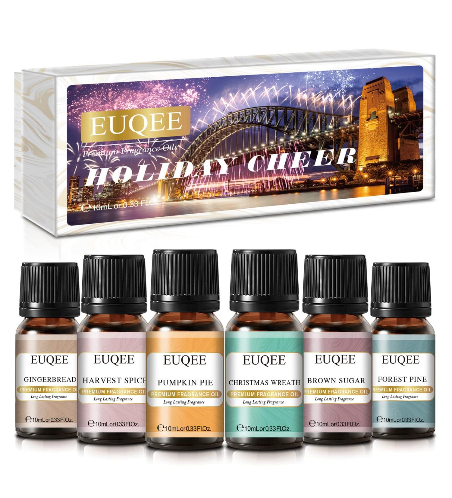 EUQEE Holiday Cheer Fragrance Oils Set - Forest Pine, Christmas Wreath, Brown Sugar, Harvest Spice, Gingerbread, Pumpkin Pie - 10ml Scented Oils for Diffuser and Candle Making - Buy Online on GoSupps.com