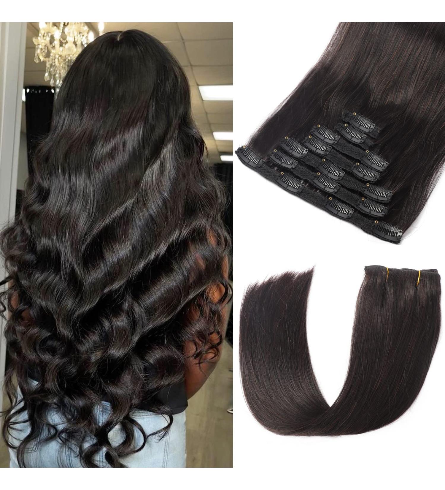 16 Inch Natural Black Clip in Hair Extensions - Real Human Hair Double Weft, Soft Straight, Unprocessed - Premium Quality - Buy Online on GoSupps.com