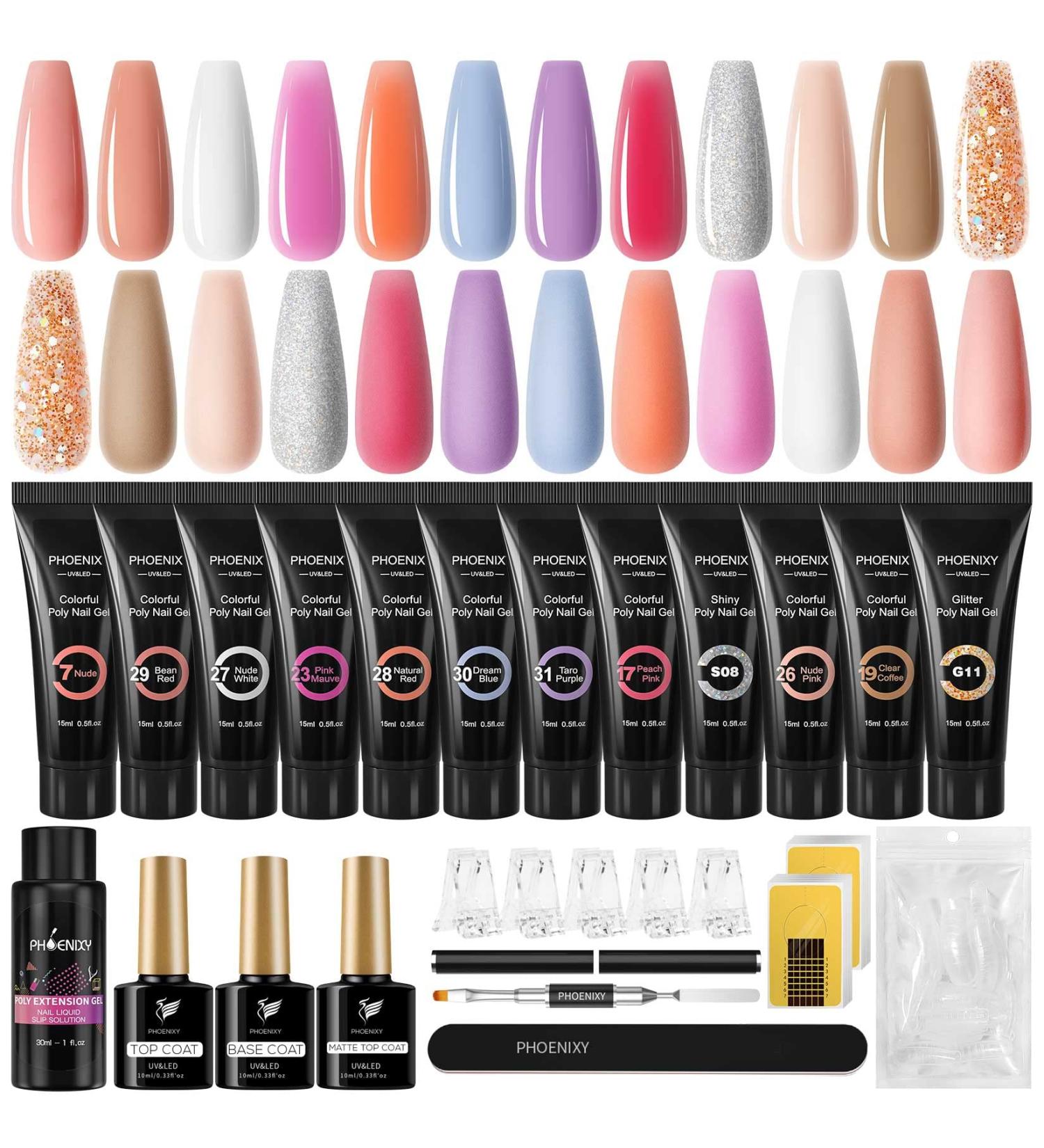 Phoenixy Poly Nail Gel Kit - 12 Colors Builder Gel Nail Kit with Matte Top Coat - Starter Gift Set in Pink Blue Purple Red White Nude Brown - Gentle and Stylish - Buy Online on GoSupps.com