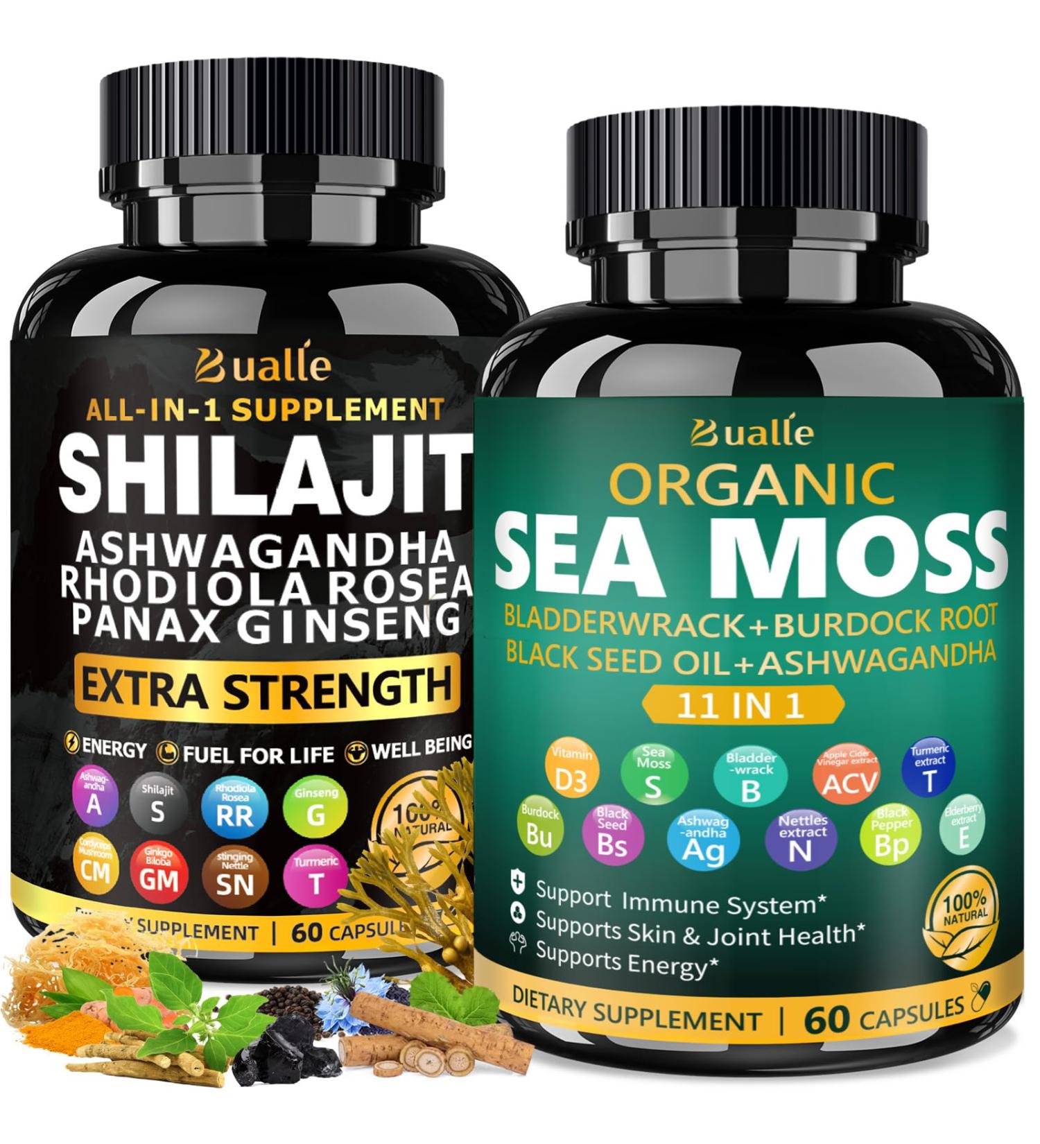 Bualle Organic Sea Moss for Women & Shilajit for Men,Ashwagandha Supplement with Black Seed Oil, Maca & Ginger, Supports Daily Wellness, Skin & Energy 120 Vegan Capsules Organic Herbal Complex 120 Count (Pack of 1) Sea Mo  - Buy Online on GoSupps.com