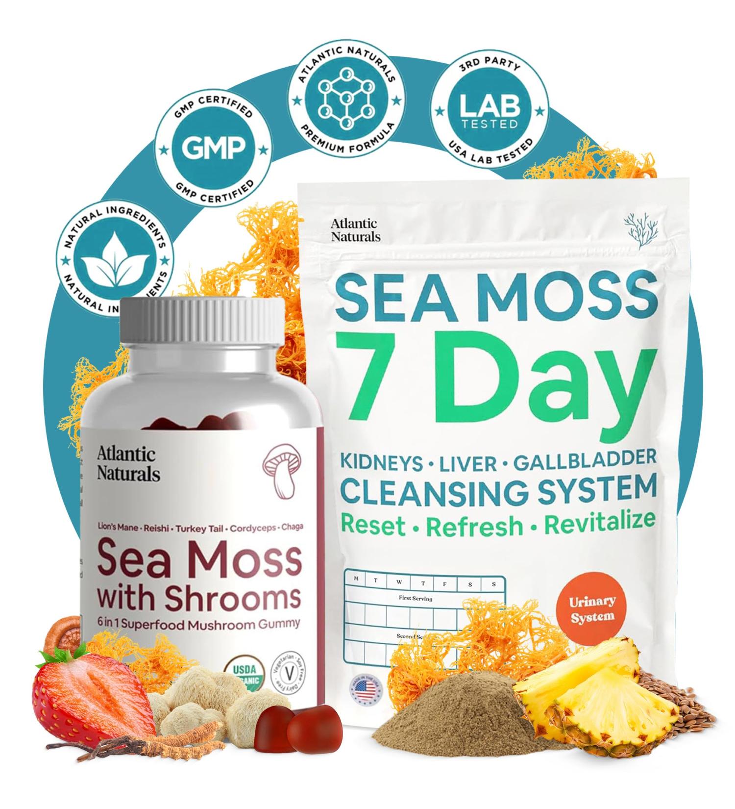 Atlantic Naturals Sea Moss Superfood Bundle - Sea Moss with Shrooms Gummies & 7-Day Kidney Liver & Gallbladder Cleanse - Defense Focus & Detox Support - Lion's Mane Reishi Dandelion Root & More - Buy Online on GoSupps.com